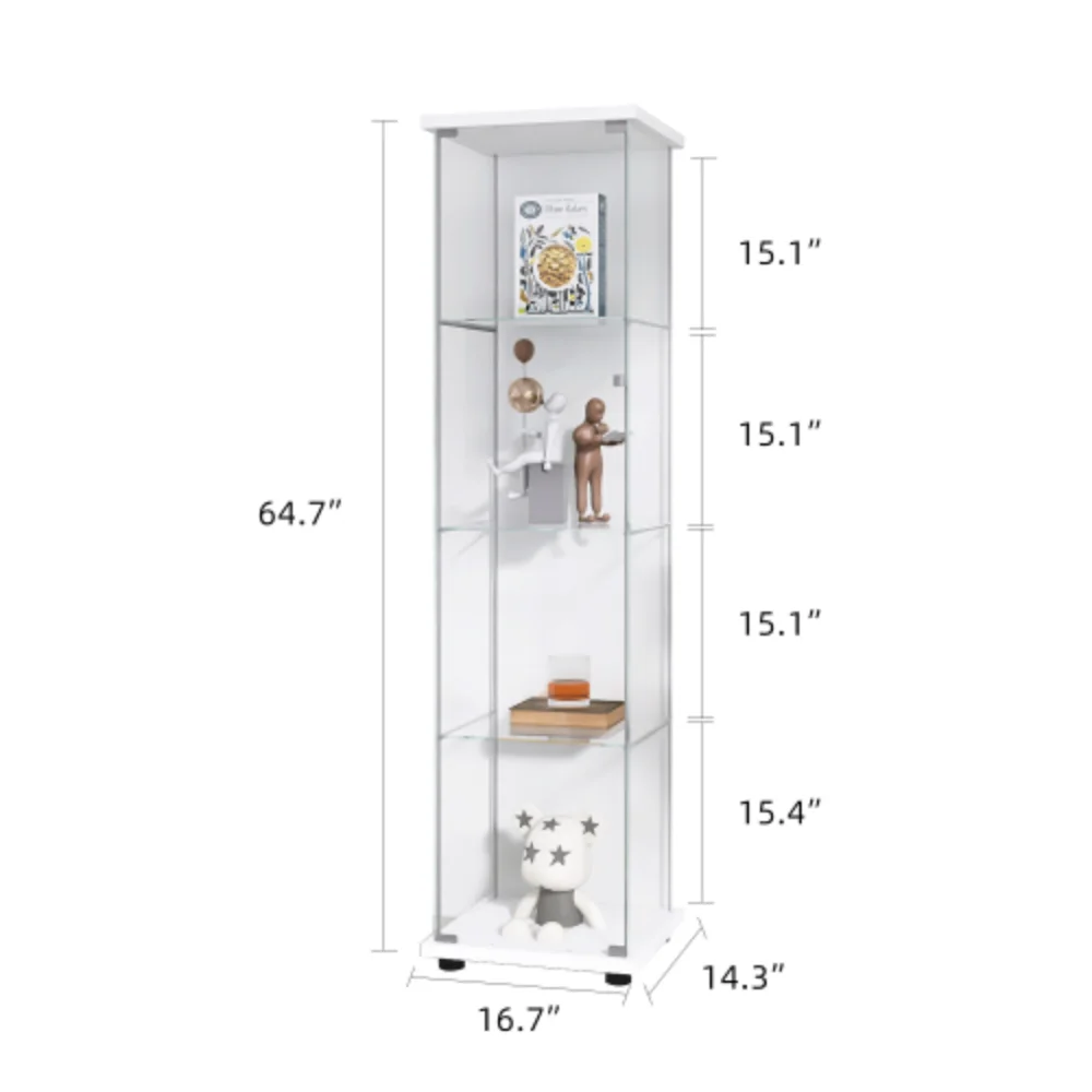 Glass Cabinet-b Glass Display Cabinet 4 Shelves with Door, Floor Standing Curio Bookshelf for Living Room Bedroom Office, 64.7
