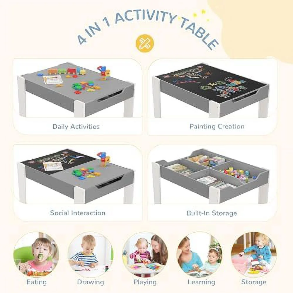 NLTBONNIE 4 in 1  Table and 2 Chair Set  Table and Chairs for Toddlers 2-4 with 2 Reversible Blackboard  Children Table with  for Activity/Play/Art/Read/Craft  Gray/White