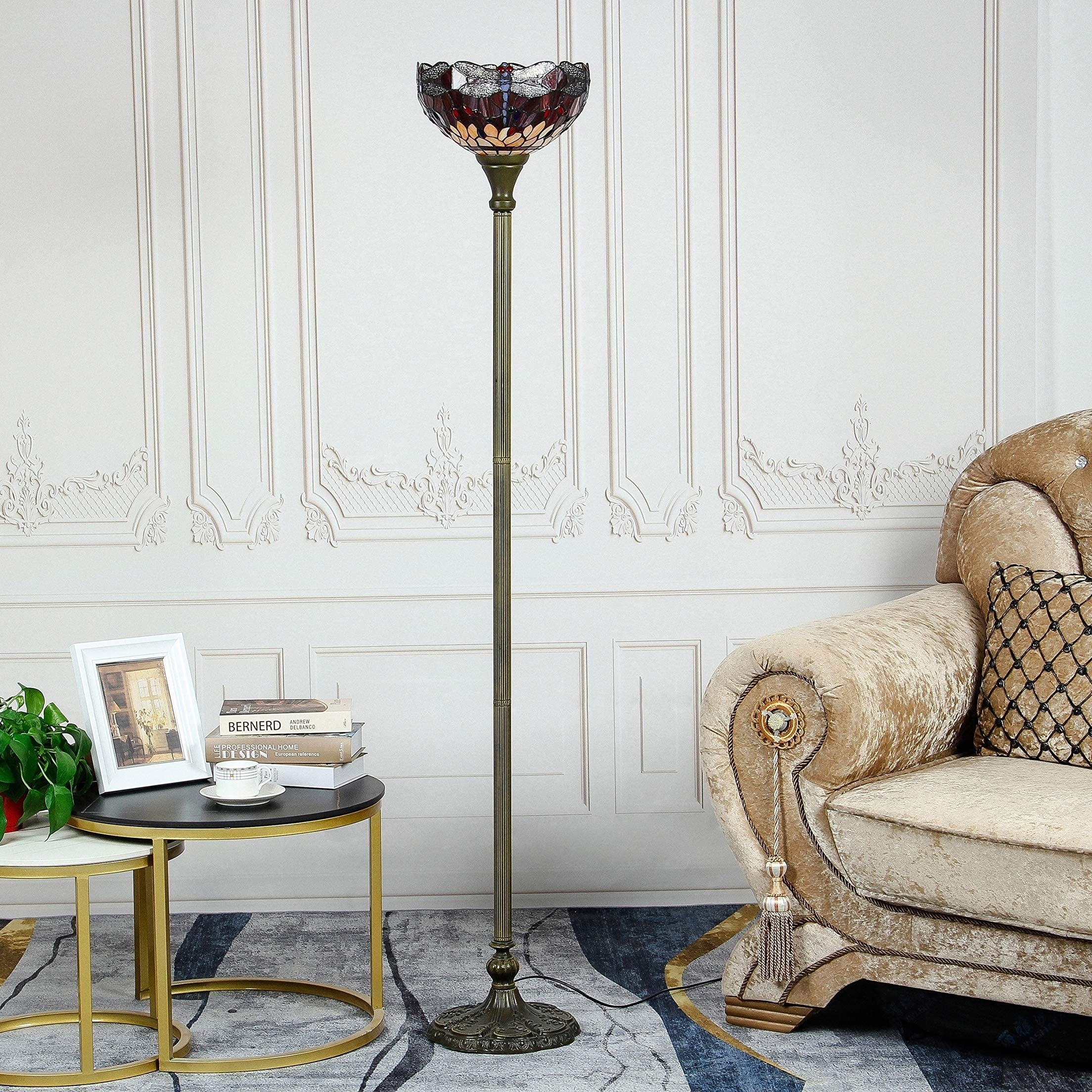 Lighting Tiffany Style Floor Lamp W12H70 Inch Red Dragonfly Stained Glass Crystal Bead Shade Reading Light For Living Room Bedroom Study Bar Antique Art Craft Gift