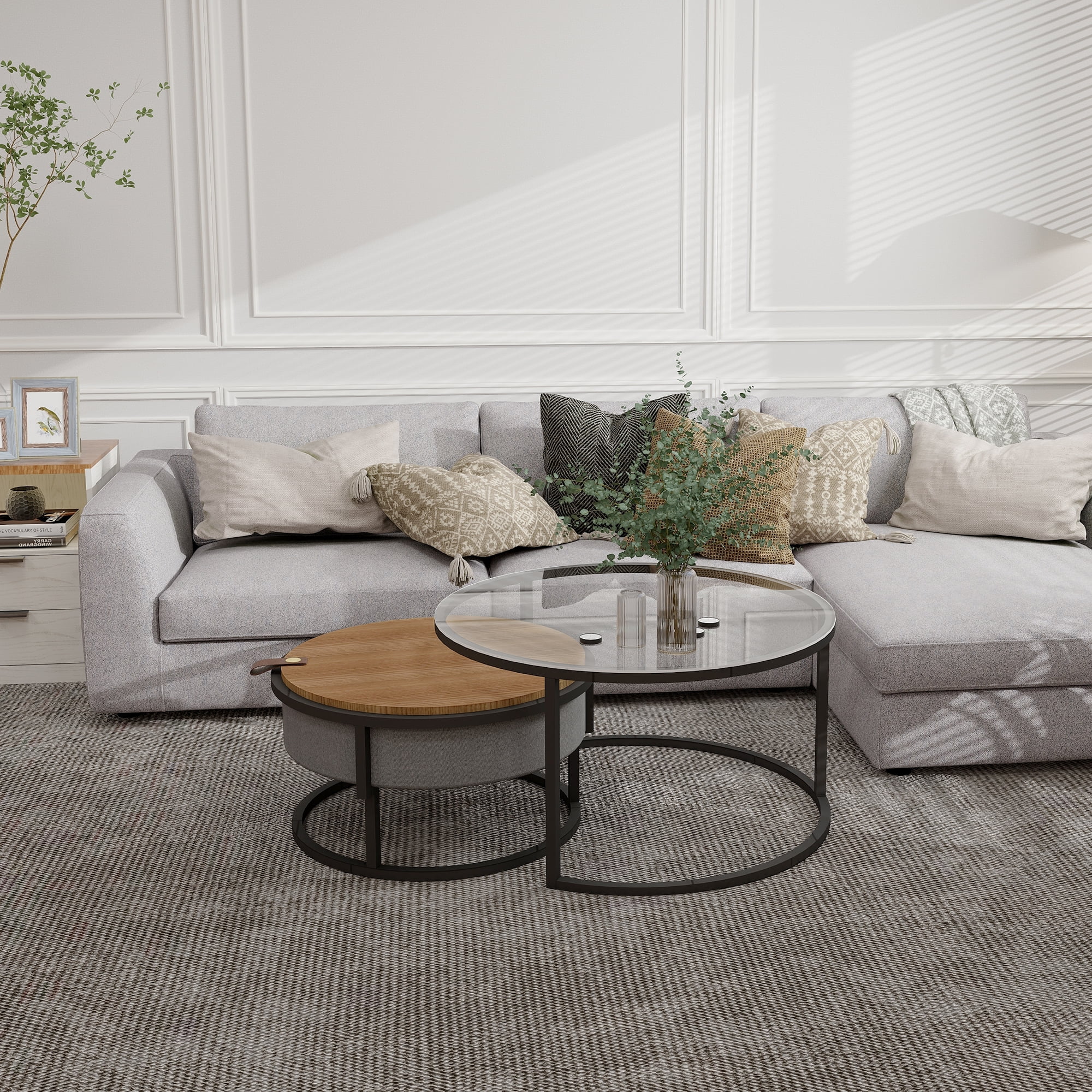 Modern Nesting Coffee Table with Hidden Storage, Set of 2 for Living Room Balcony Office, Oak Brown