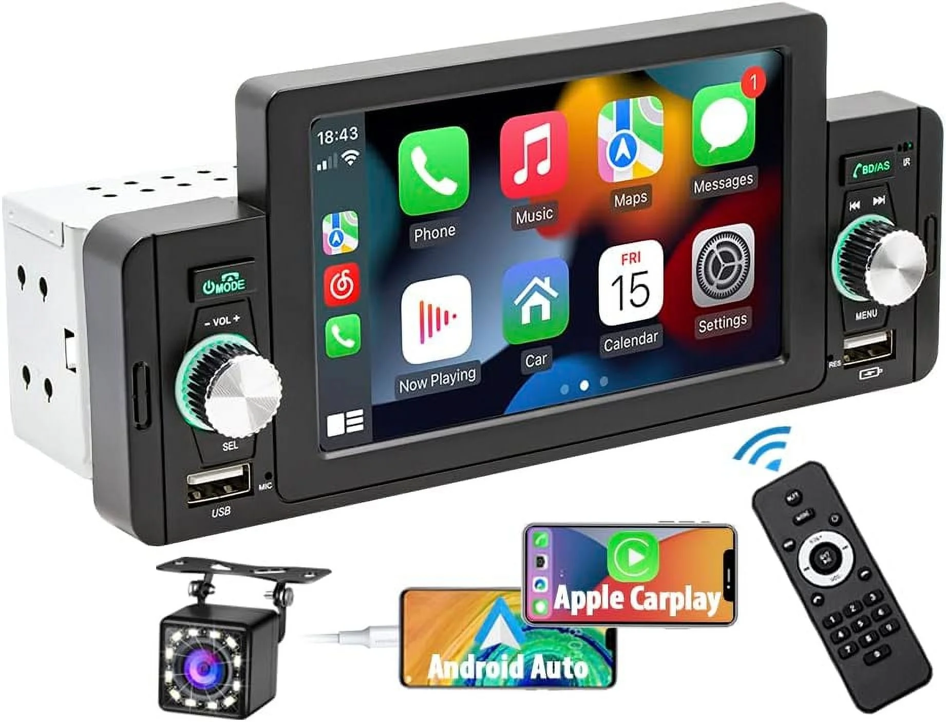 THONZER 5 Inch Single Din Car Stereo Built-in CarPlay/Android Auto/Mirror-Link, Touchscreen Radio Receiver with Bluetooth 5.1 Handsfree and 12LED HD Backup Camera, FM USB Audio Video Player