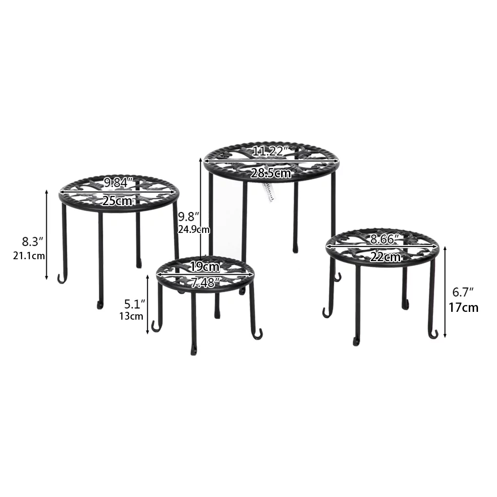 4 Pcs Round Pot Plant Stands with Paint Prints Metal Indoor Garden Flower Display Shelf Rack