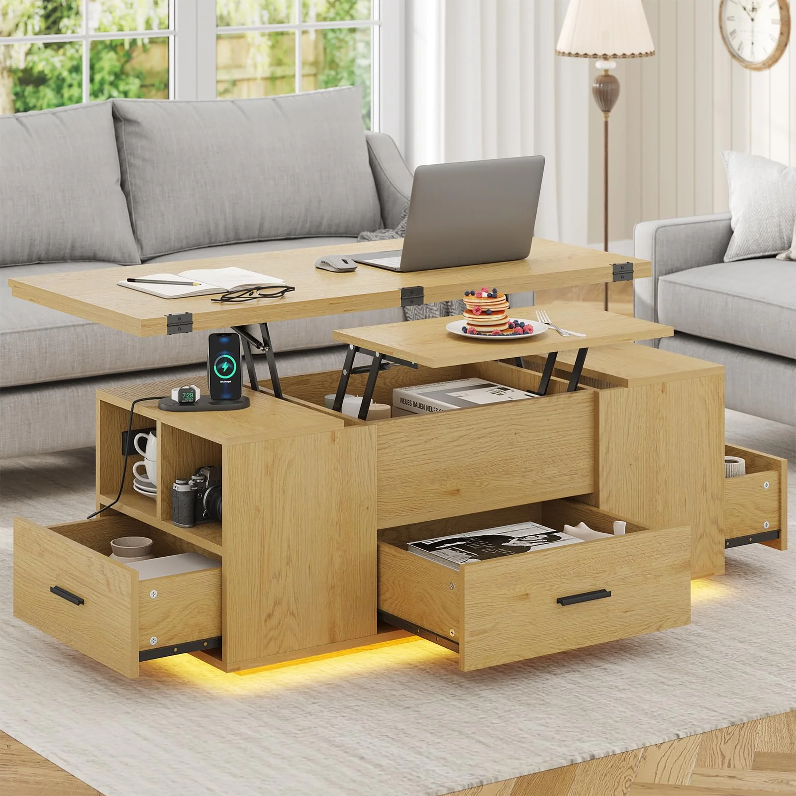 Afuhokles Lift Top Coffee Table for Living Room with 8 Storage Space, 4 in 1 Multi-Function Modern Wood Coffee Table with LED Light, Brown