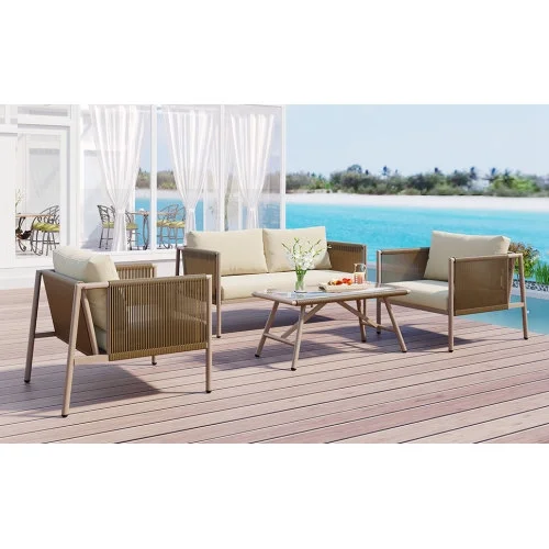 COSVII 4-Piece Rope Sofa Set with Thick Cushions and Toughened Glass Table, All-Weather Patio Furniture Set With Loveseat, Beige