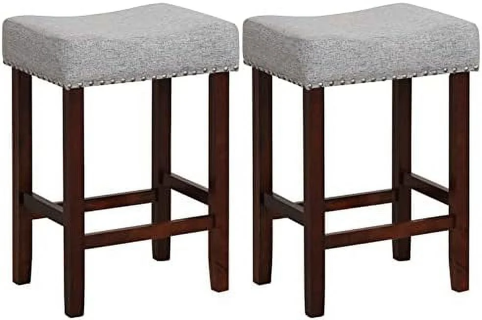 GEROBOOM 29.5"  Height  Stools Set of 4 - Backless Saddle Barstools with Nailhead Linen Foam Seat  Max Load 330 Lbs Wood  Stools with Foot  for Kitchen Island  Grey
