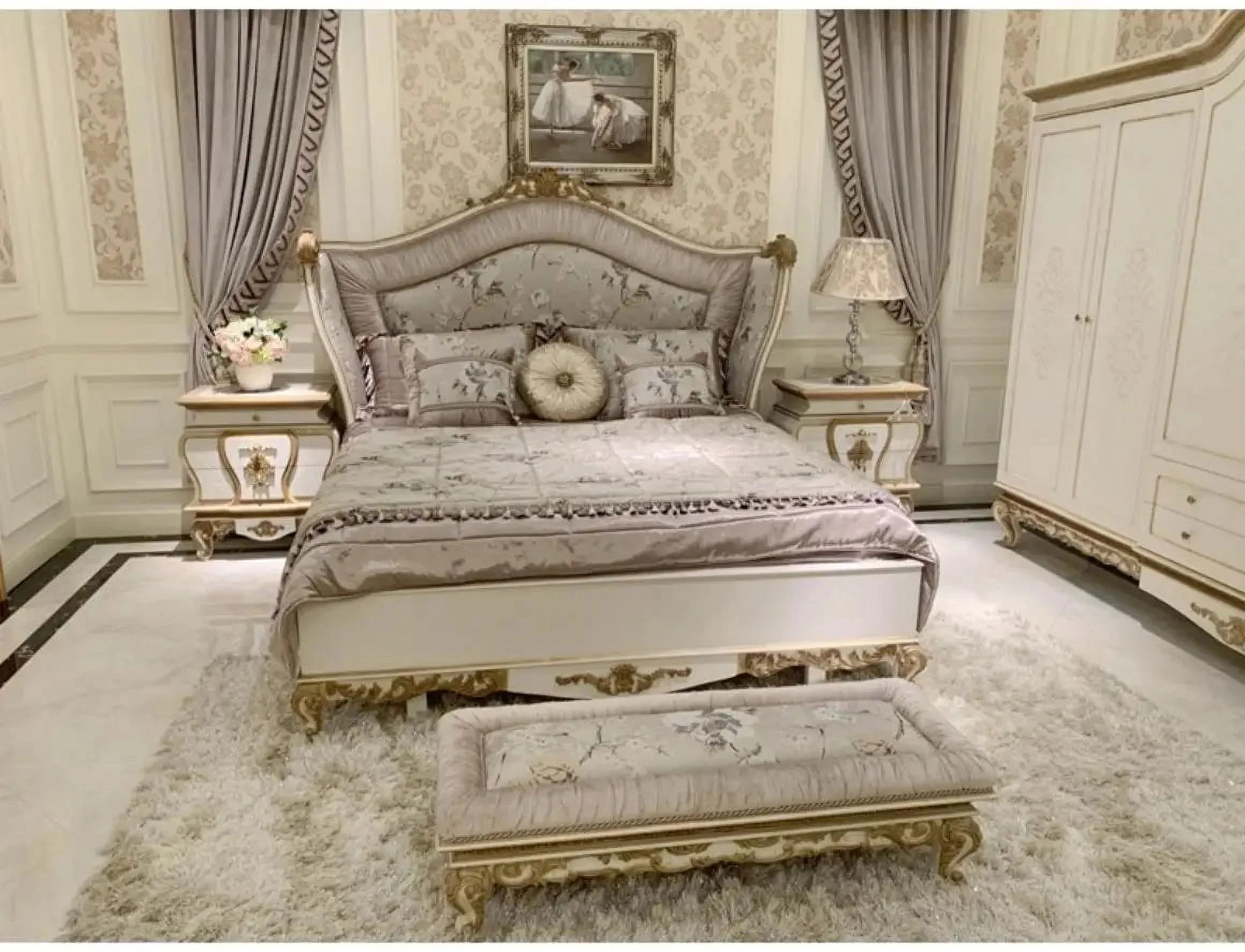 European-style Luxury Heavy Industry Carved Beech Wood Master Bedroom Double Bed White Light Purple