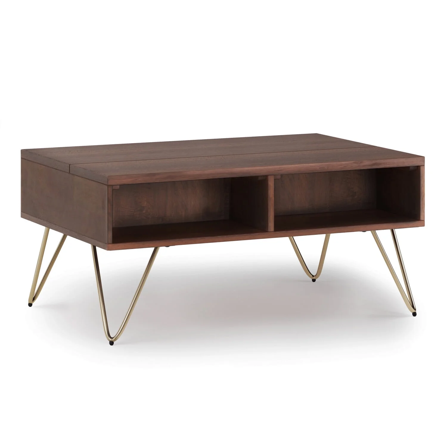 Simpli Home Hunter SOLID MANGO WOOD and Metal 36 inch Wide Rectangle Industrial Contemporary Small Lift Top Coffee Table in Umber Brown and Gold