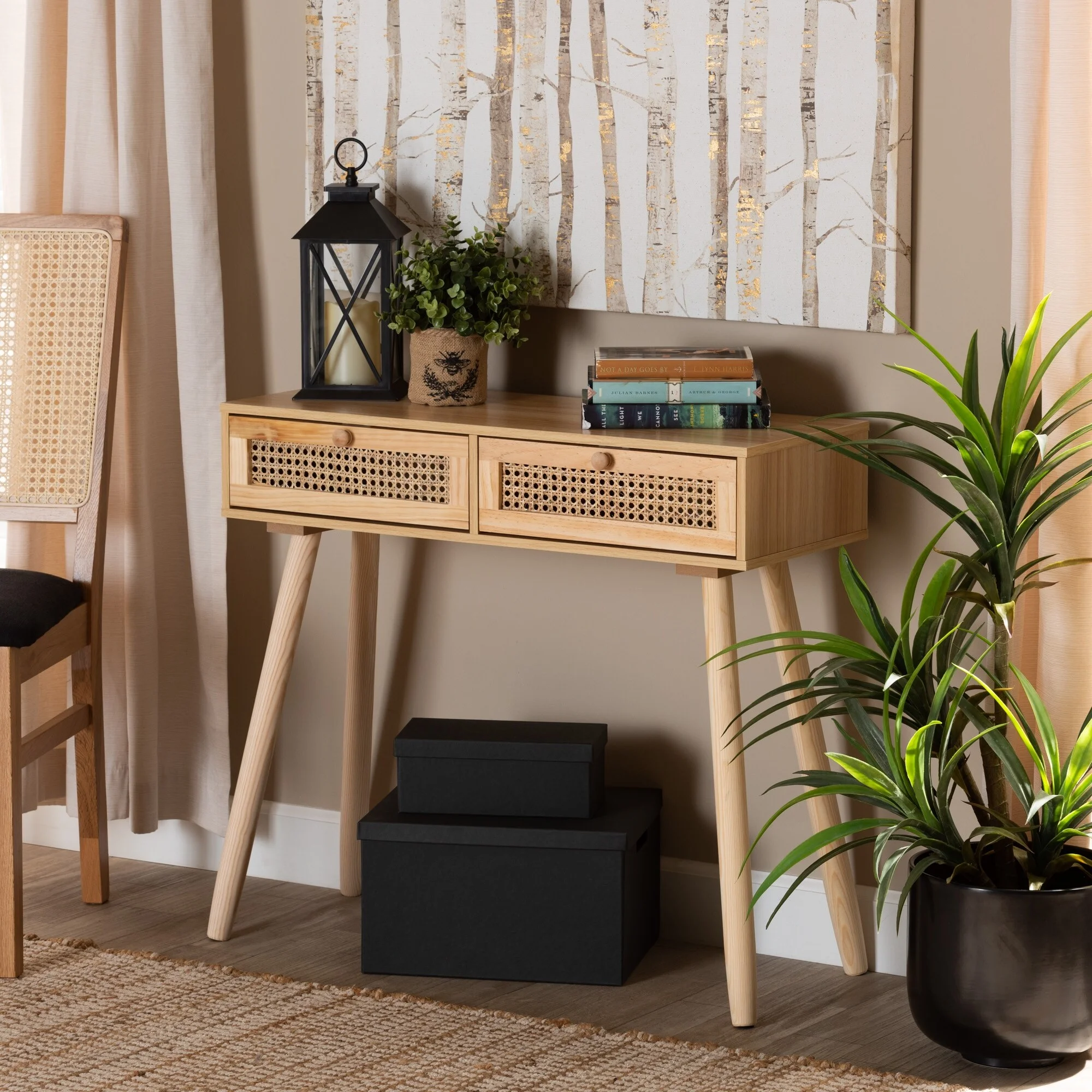 Baxton Studio Maclean Mid-Century Modern Rattan and Natural Wood Console Table