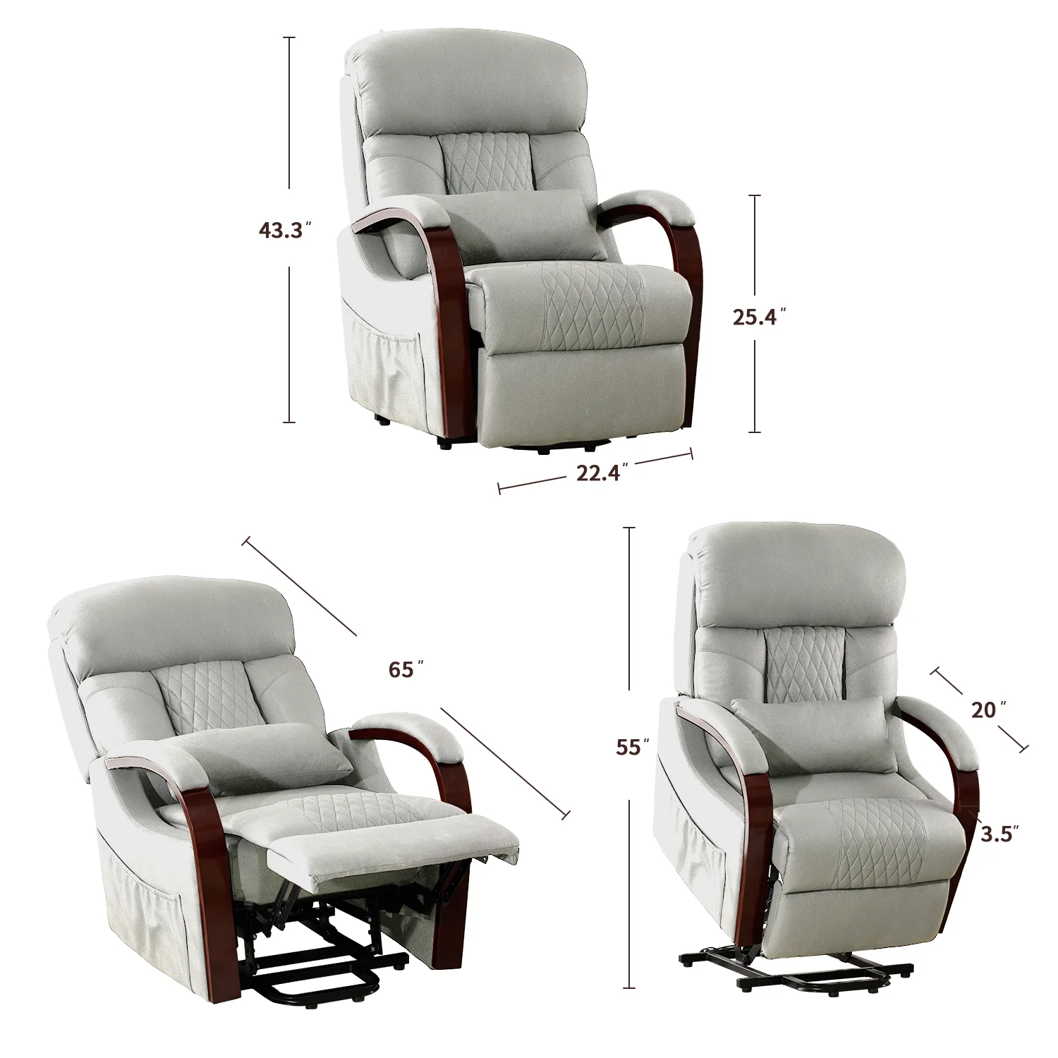 Power Lift Recliner Chair for Elderly, Electric Recliner for Seniors, Small Recliners for Small Spaces with Wood Armrest, Waterproof, Side Pockets, Lumbar Pillow for Adult (Grey)