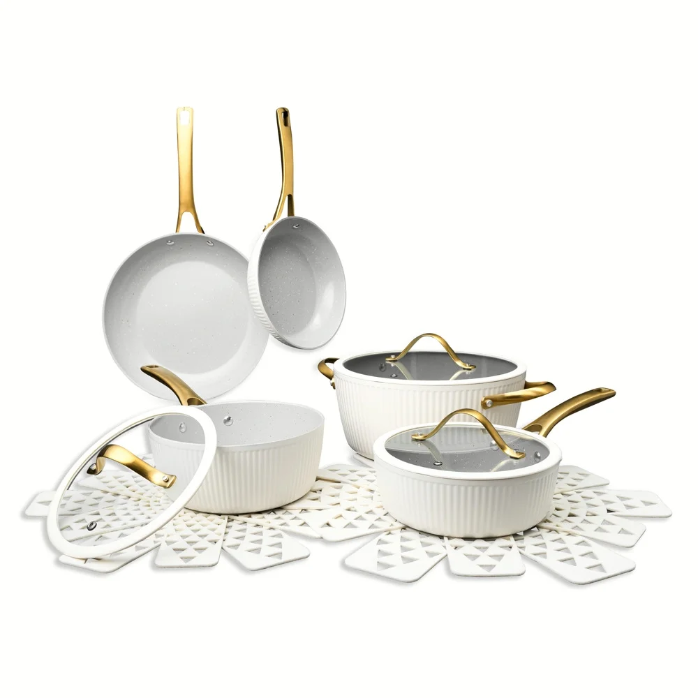 Thyme & Table 12-Piece Ceramic Non-Stick Ribbed Cookware Set, White & Gold
