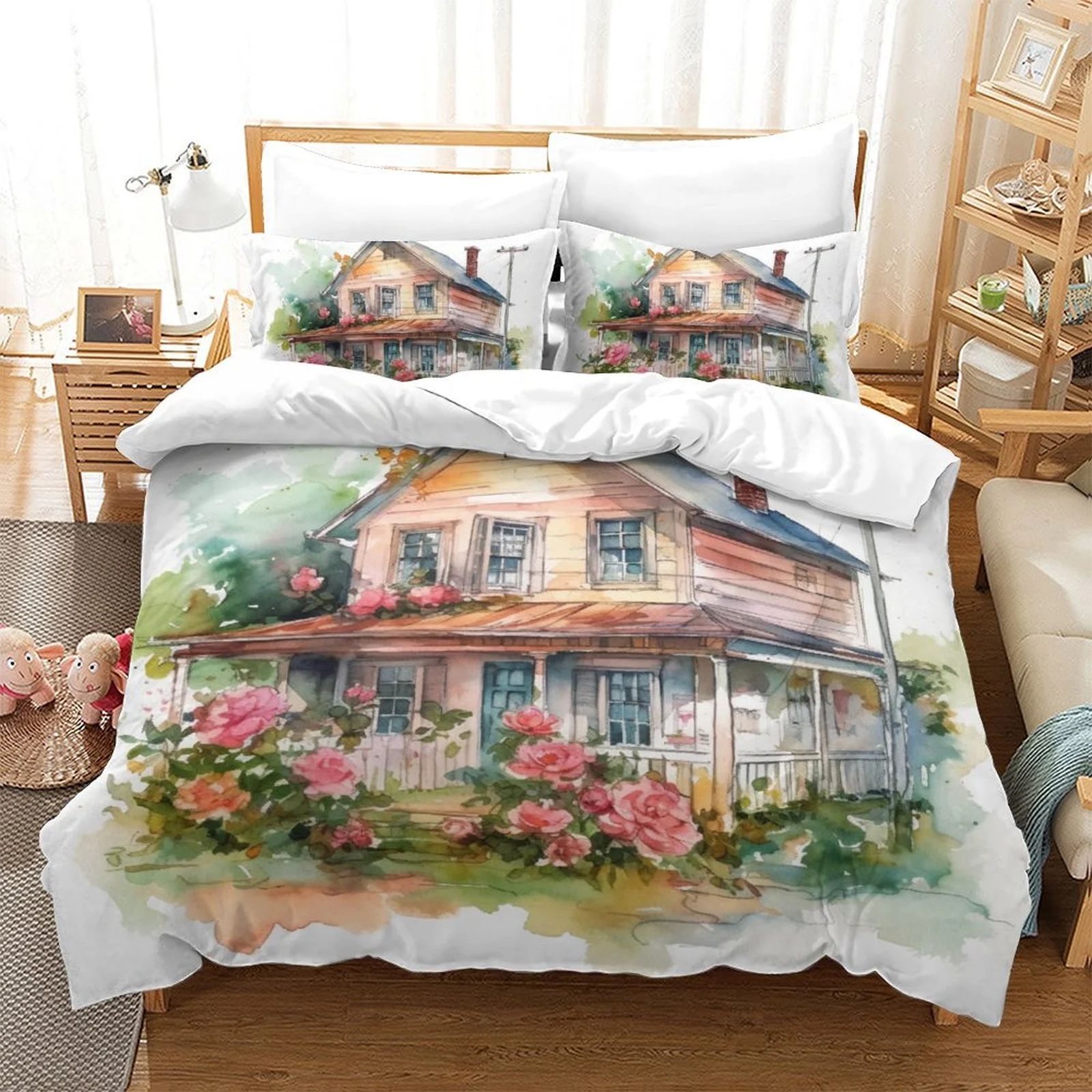 Comforter Cover Set Log Cabin Flower Clusters Printed Bedspreads Modern Bedroom Decor,Full (80