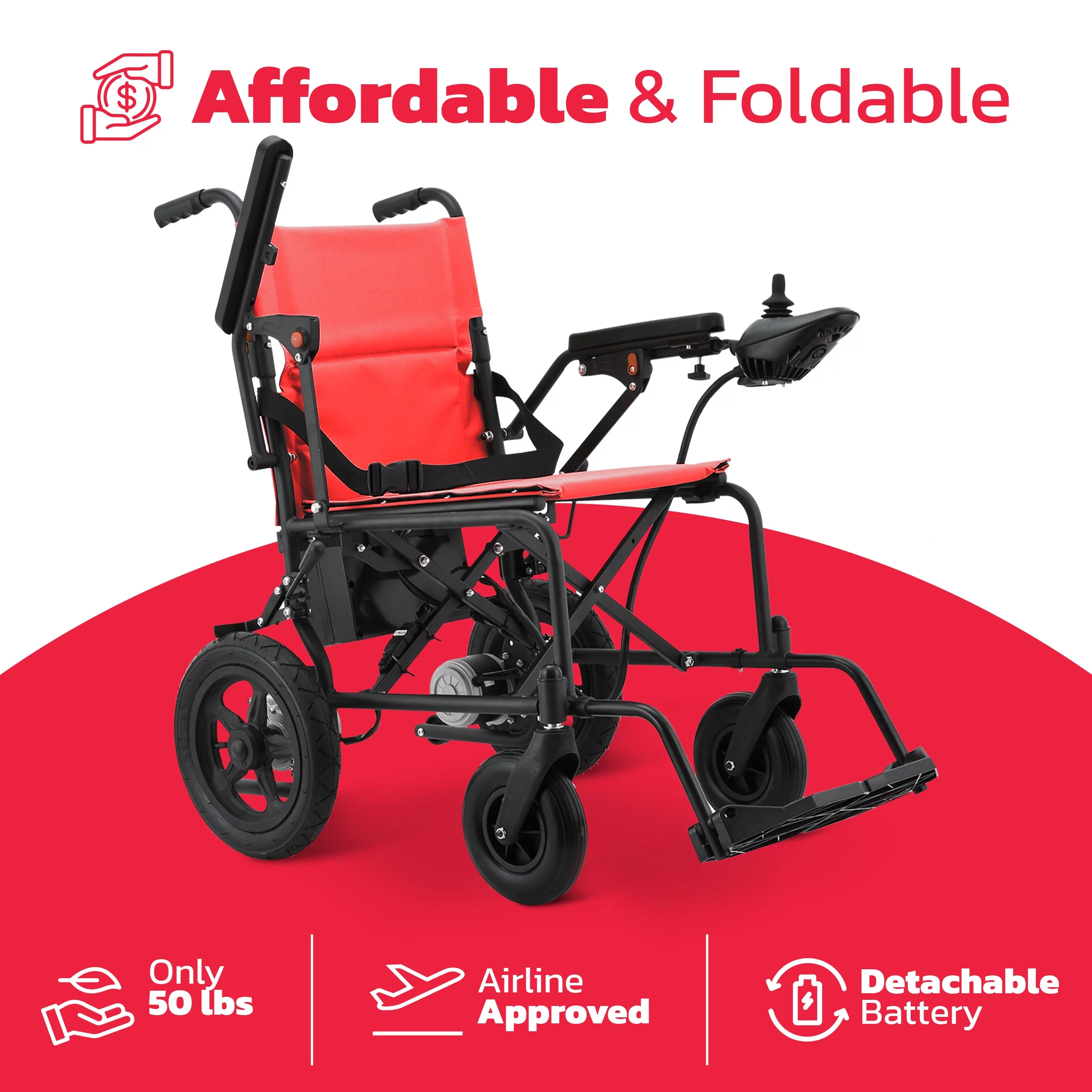Klano KL02 - Affordable Lightweight and Foldable Electric Wheelchair - Red, 12 miles, Airline Approved, 500W Powerful Dual Motors.