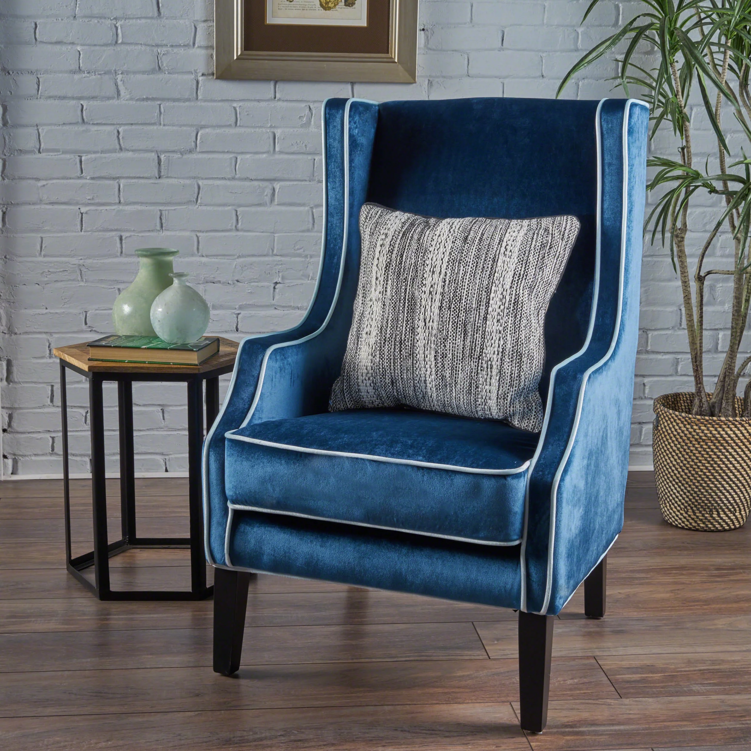 GDF Studio Gerrish Modern Velvet Two Toned Club Chair with Tonal Piping, Cobalt, Light Blue, and Espresso