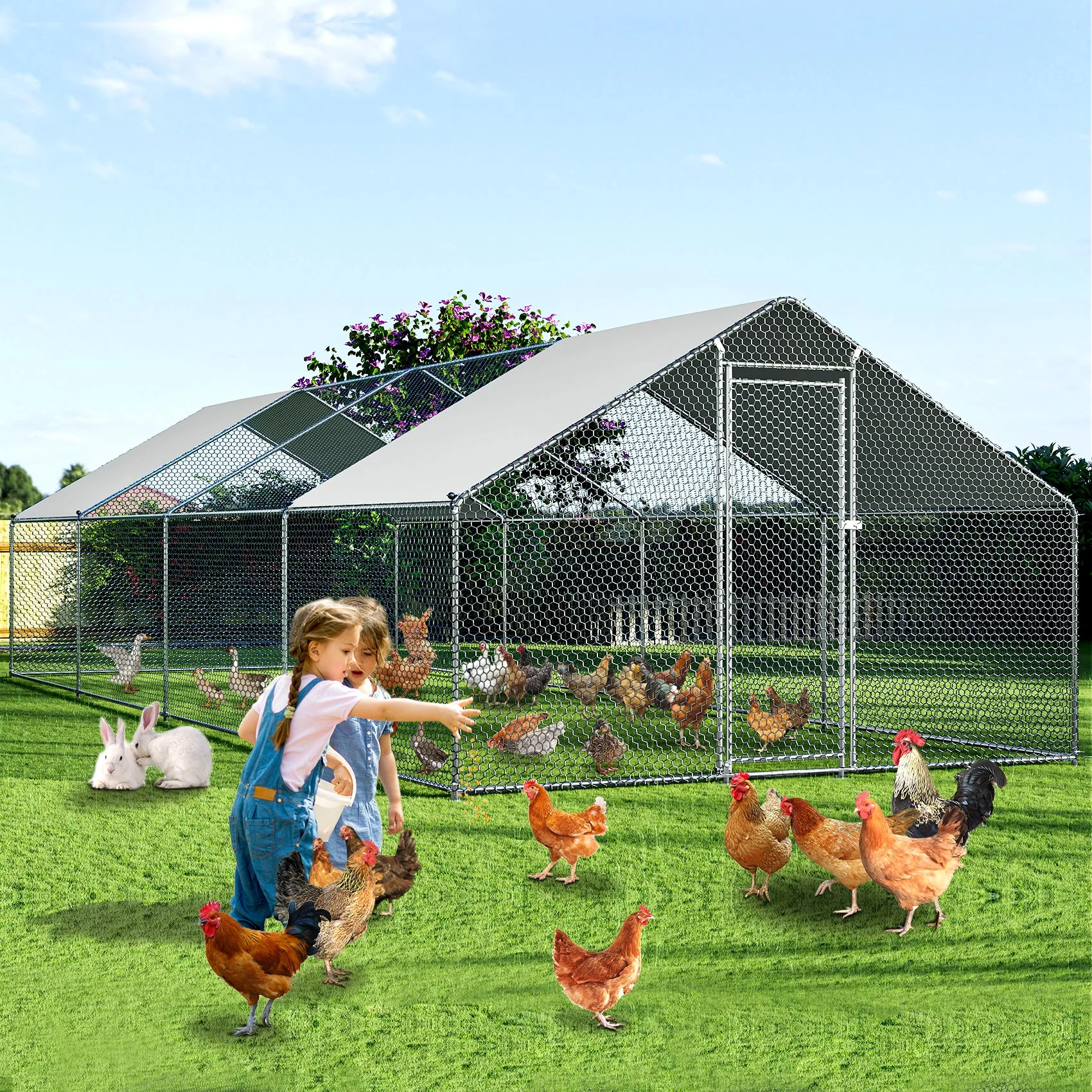 TC-HOMENY 27x10ft Large Walk in Chicken Coop Backyard or Farm Chicken Pen Pets Run House Poultry Cage