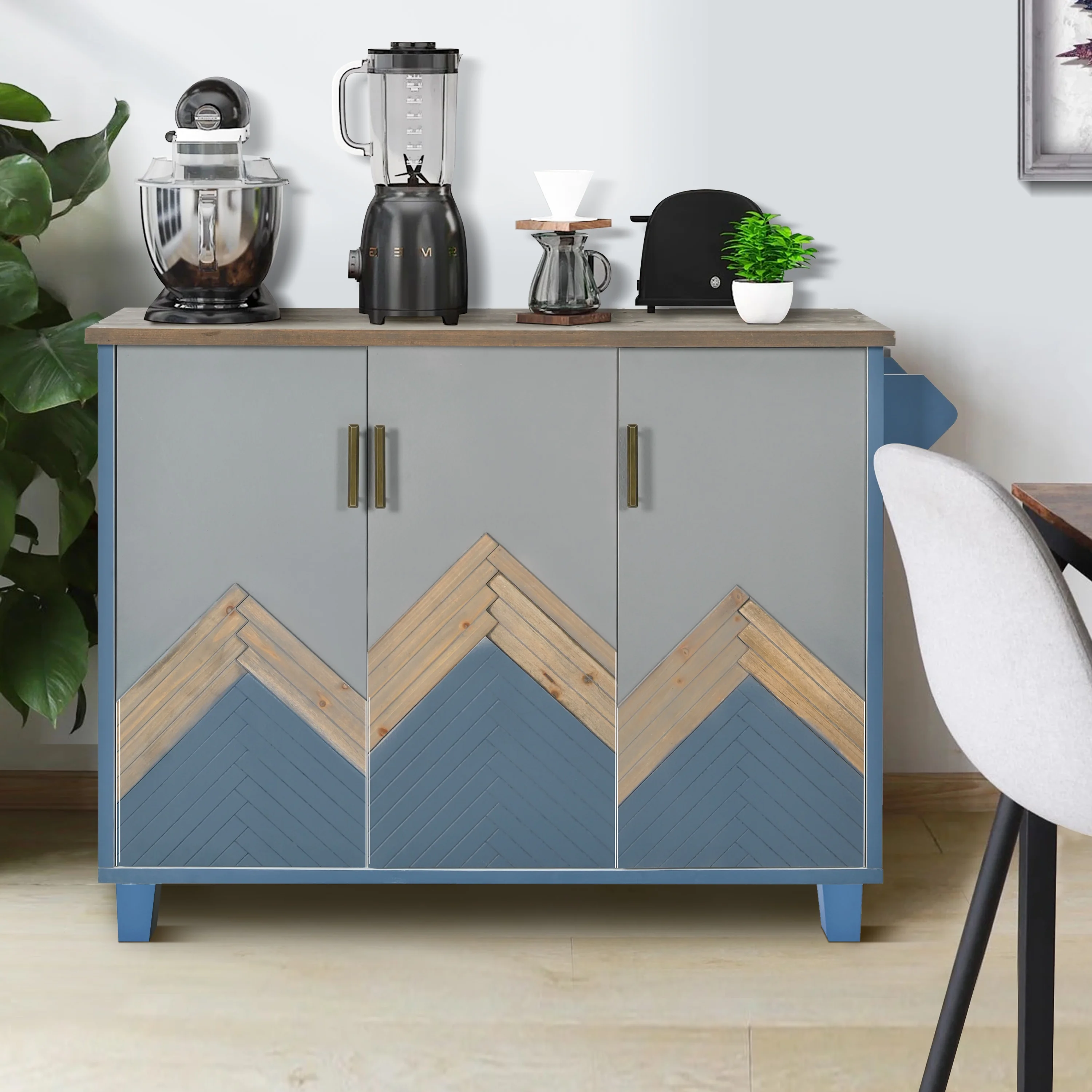 EUROCO 51.6” Kitchen Island with Drop Leaf,Retro Mountain Wood Kitchen Island Cart with Internal Storage Rack on Doors,2 Adjustable Shelves and Hand Crafted Rustic Mountain Peaks Design,Navy Blue