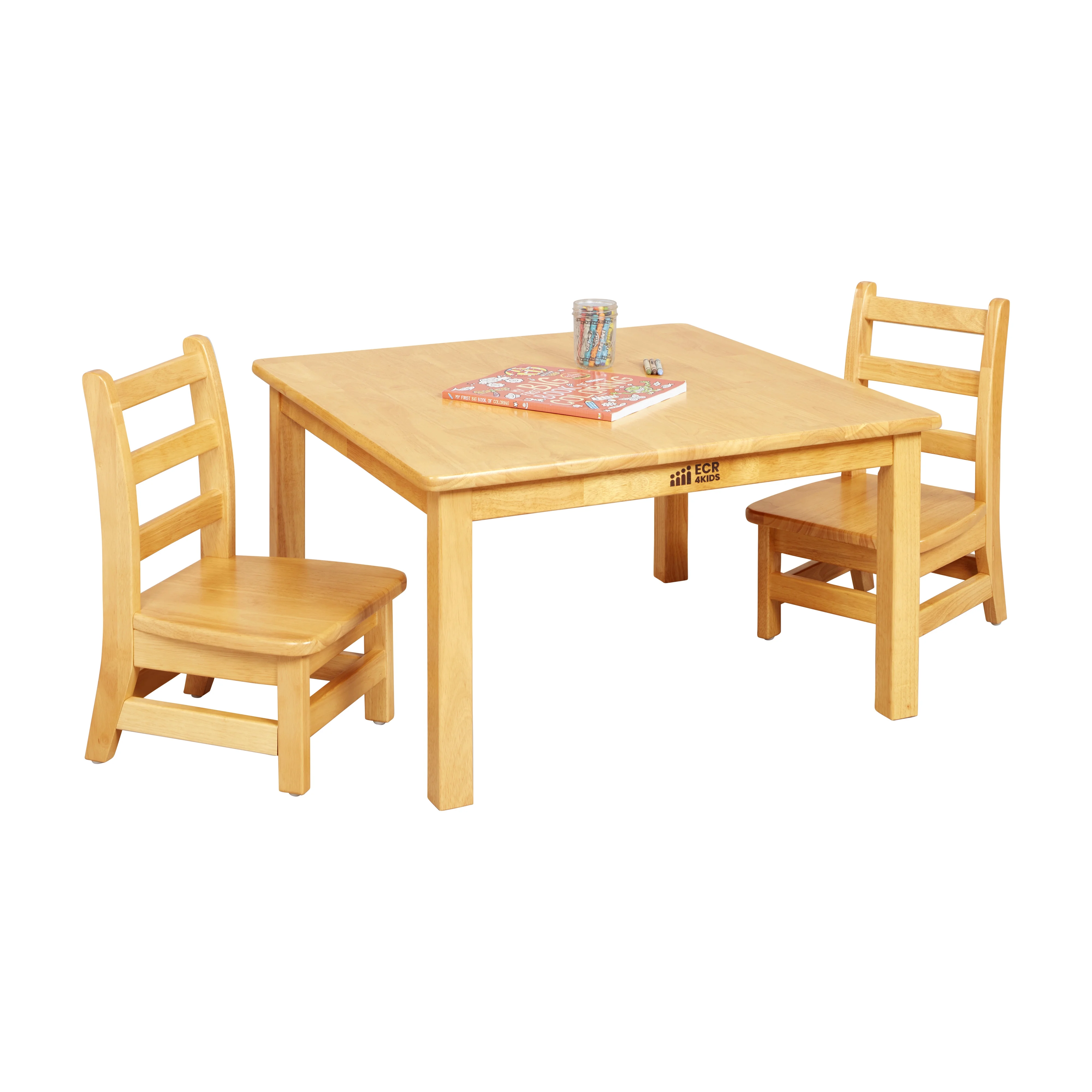 ECR4Kids 30in x 30in Square Hardwood Table with 16in Legs and Two 8in Chairs, Honey