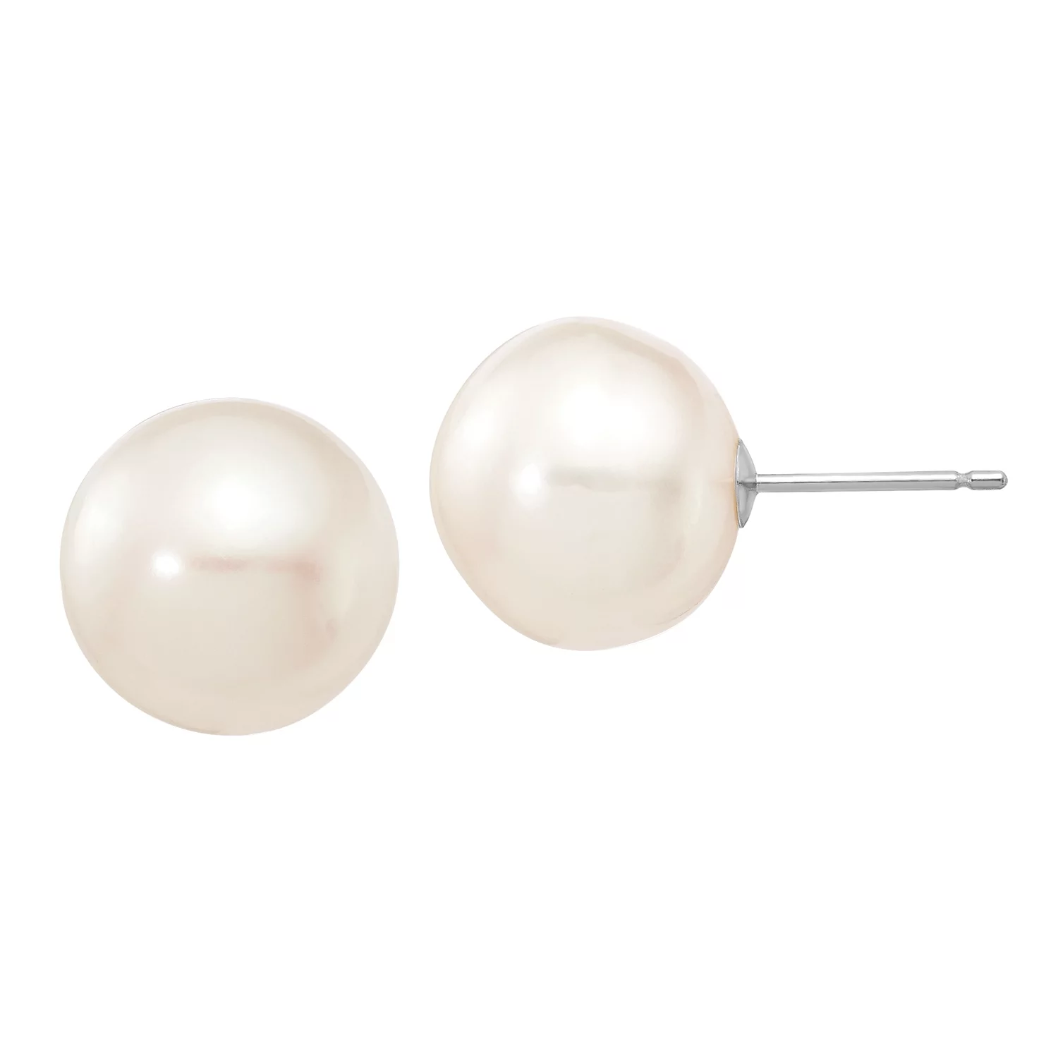 Primal Gold 14 Karat White Gold 11-12mm White Button Freshwater Cultured Pearl Stud Post Earrings