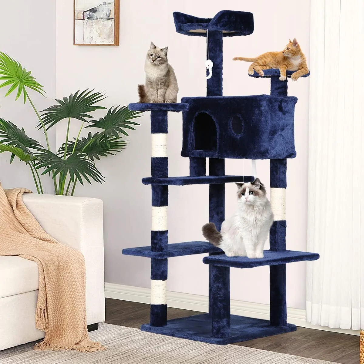 Dkelincs 54 inch Cat Tree with Cat Scratching Posts, Multi-Level Cat Condo Tower Play House, Navy Blue