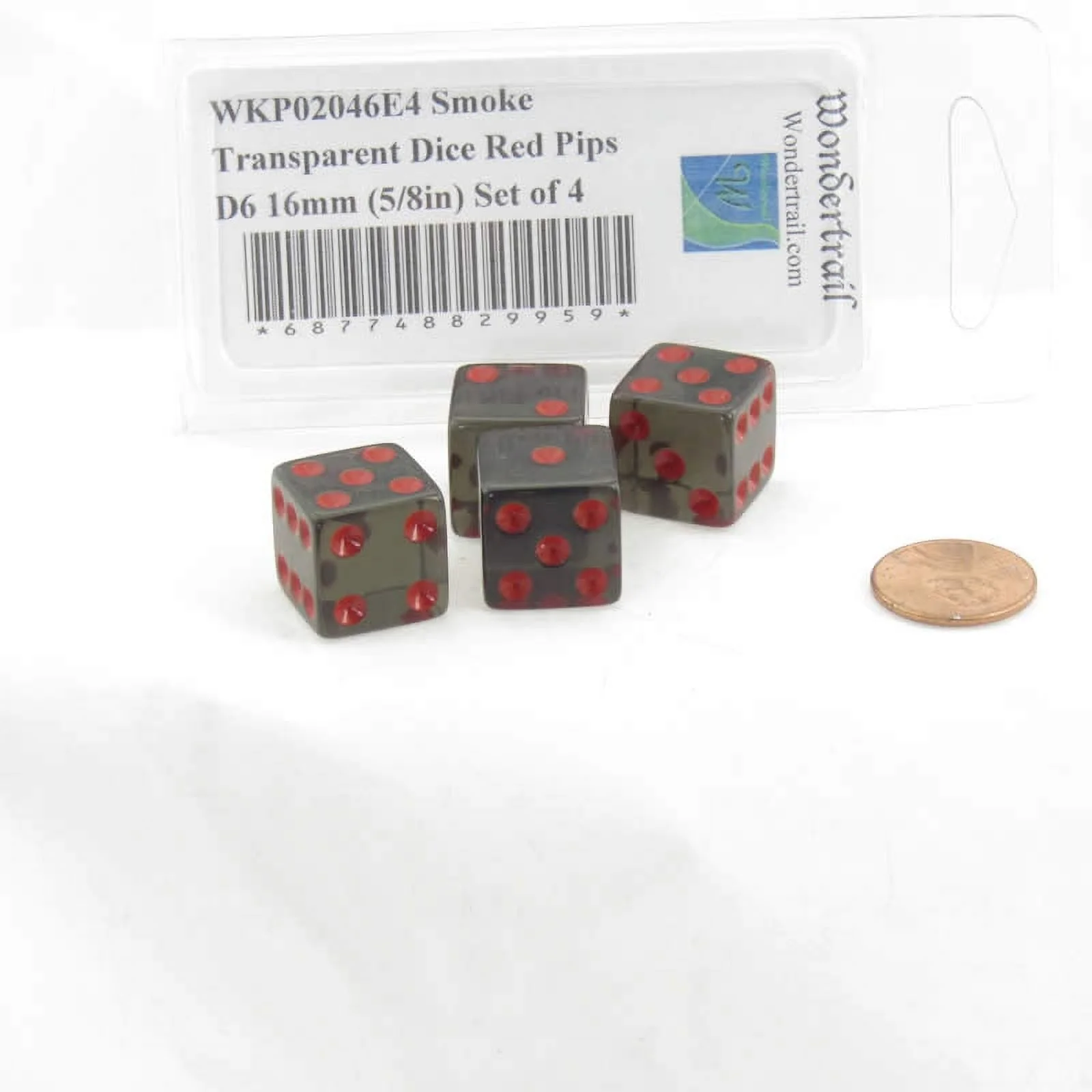 Smoke Transparent Dice with Red Pips Square Corners D6 16mm (5/8in) Set of 4 Wondertrail