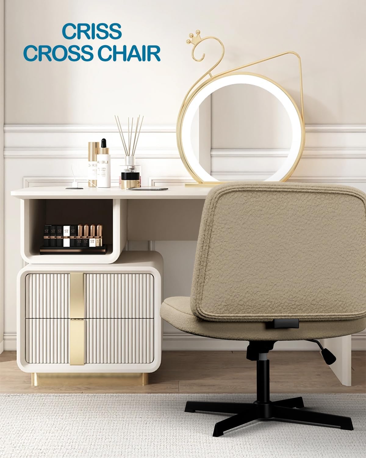 U-ToBe Cross Legged Office Chair,Criss Cross Chair Armless Wide Seat Ergonomic Home Office Desk Chair No Wheels Swivel Computer Chair