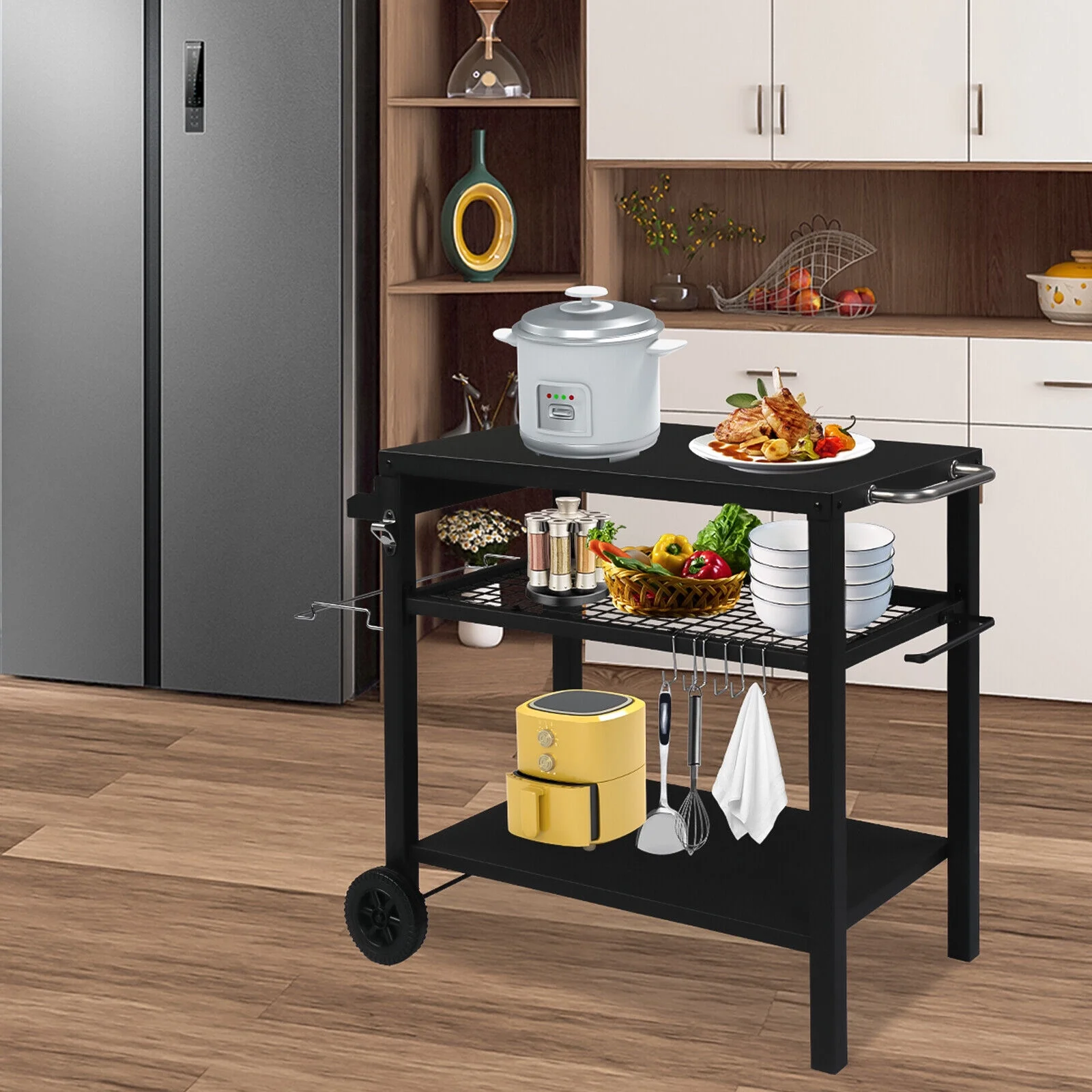 3 Tiers Outdoor Grill Cart Table Movable Bbq Trolley Food Prep Cart With Hooks