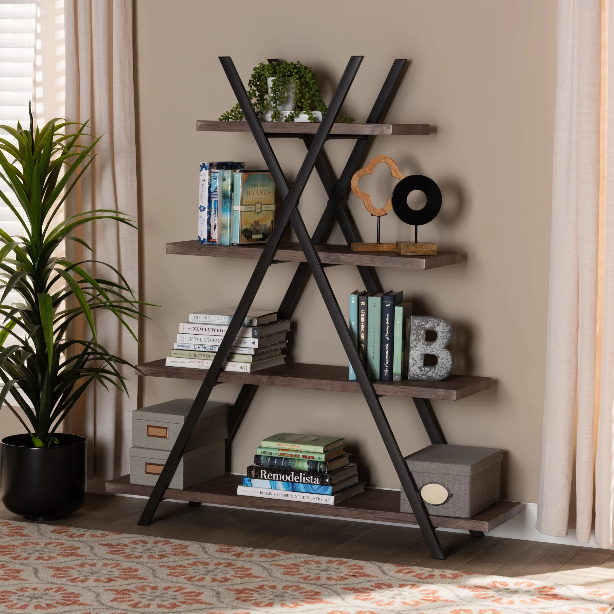Baxton Studio Fiera Industrial Rustic Walnut Finished Wood and Black Metal 4-Tier Living Room Display Shelf