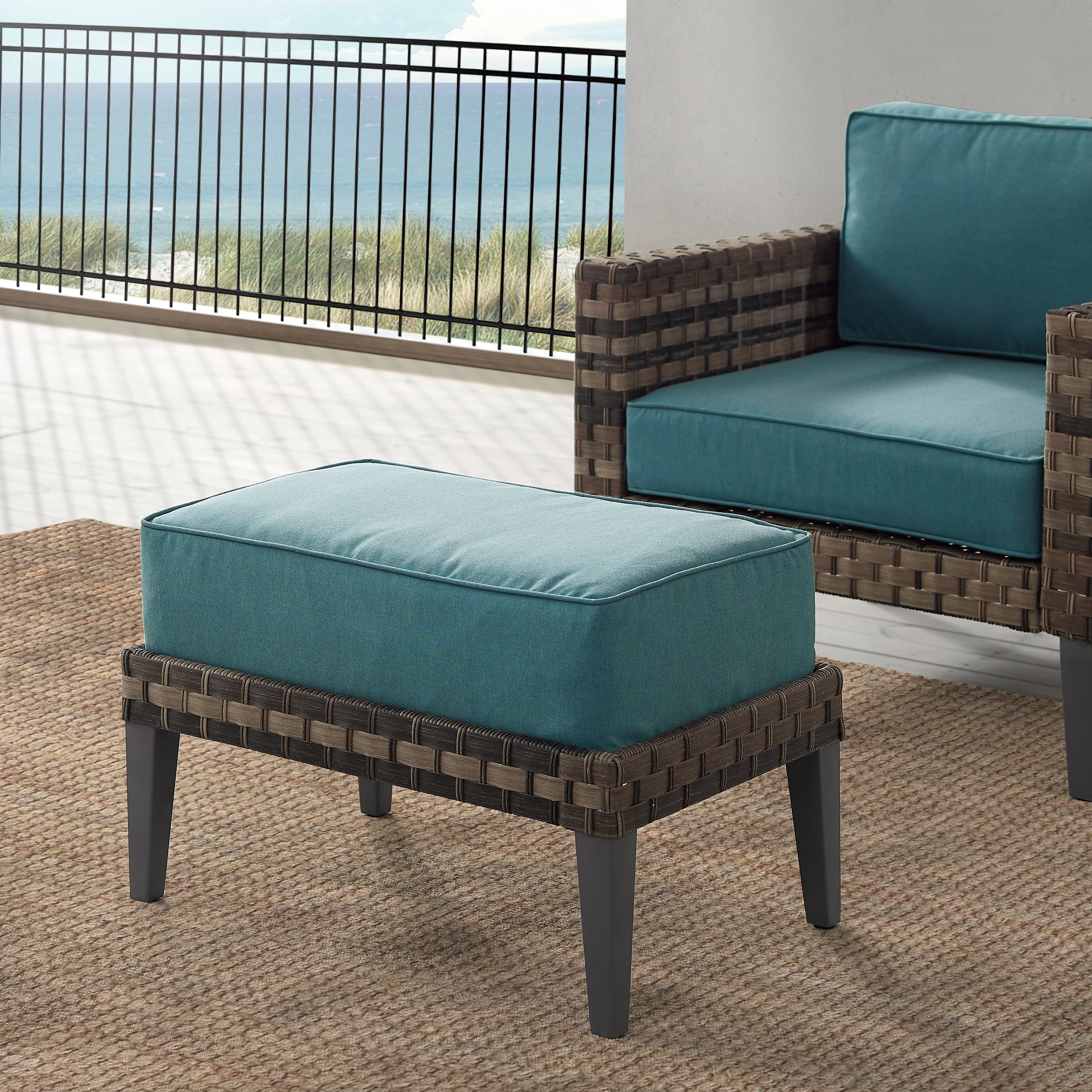 Crosley Furniture Prescott Modern Wicker Outdoor Ottoman in Mineral Blue/Brown