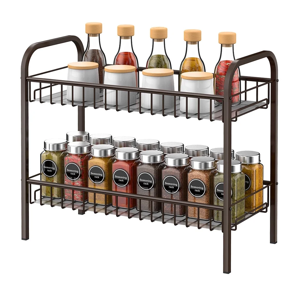 Spice Rack Organizer for Cabinet Countertop, 2 Tier Freestanding Metal Kitchen Storage with Shelf Liner for Kitchen Cabinet Bathroom Pantry Office