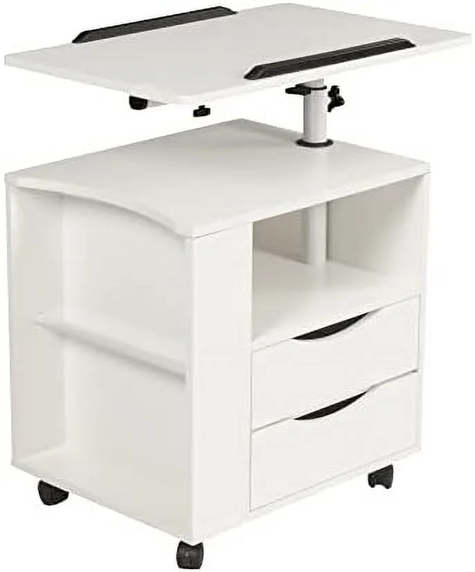 MQLIFEBOOM Height Adjustable Overbed End Table Wooden Nightstand with Swivel Top  Drawers  Wheels and Open  (Black Oak)