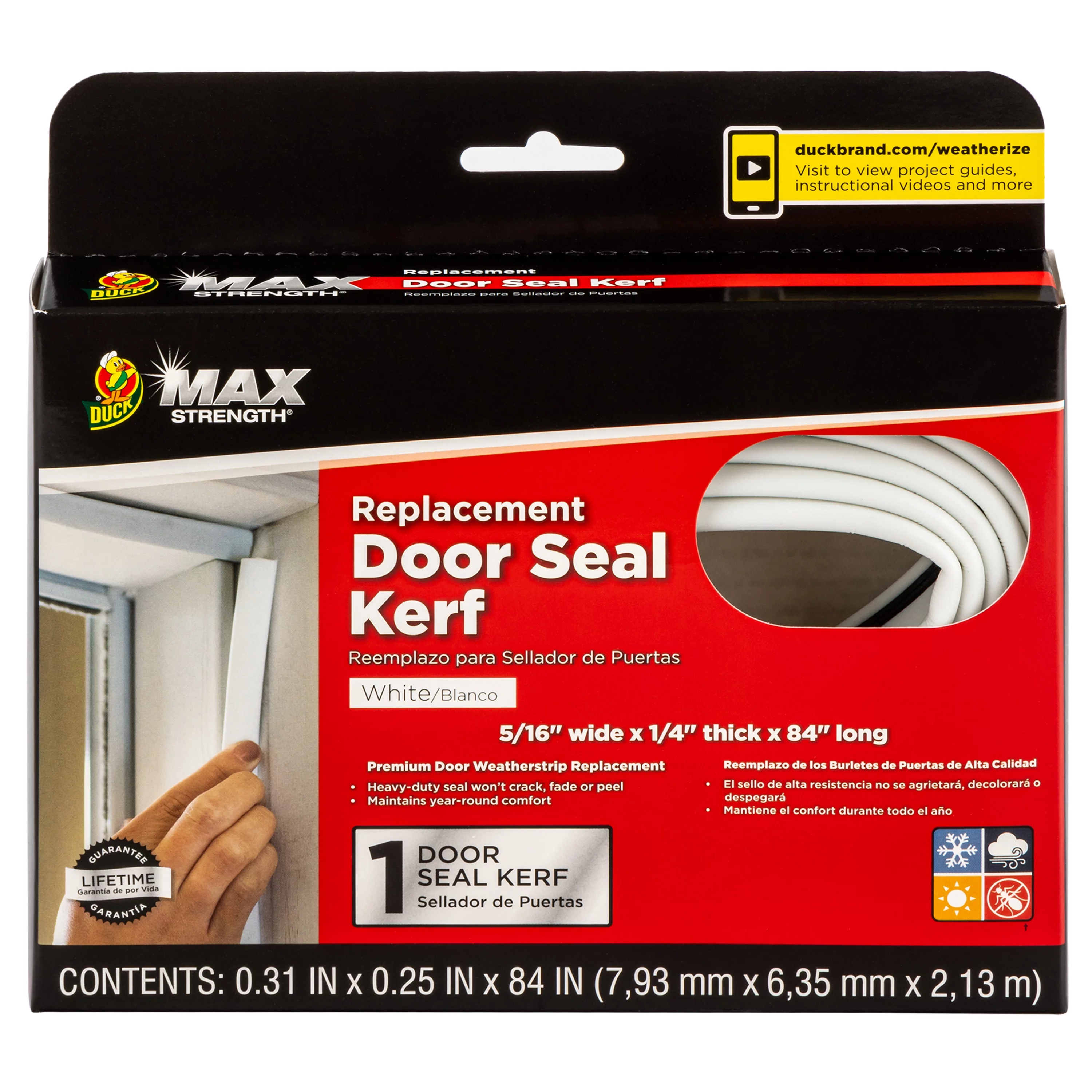 Duck Brand .25 in. Thick Max Strength Replacement Door Seal, White Weather Stripping 84 in. Length