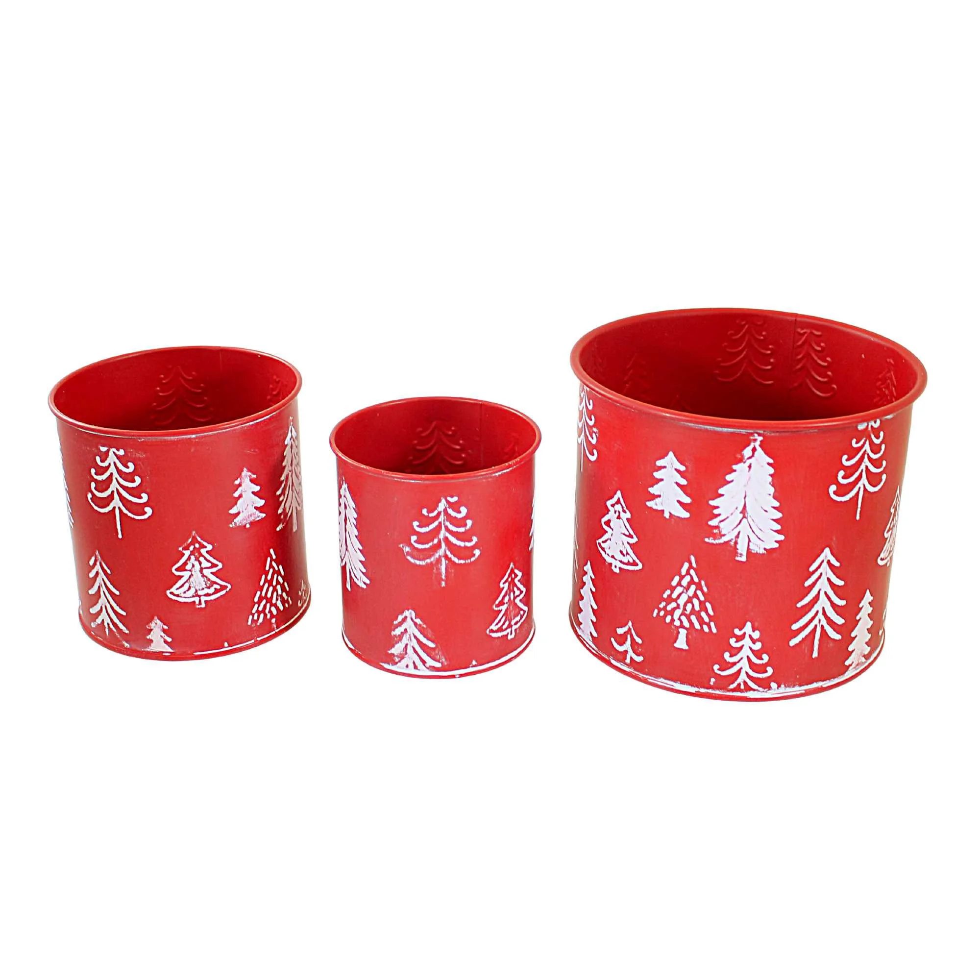 Ganz Red Christmas Tree Planter - Three Planters 5.5 Inch, Metal - White Embossed Trees CX181772