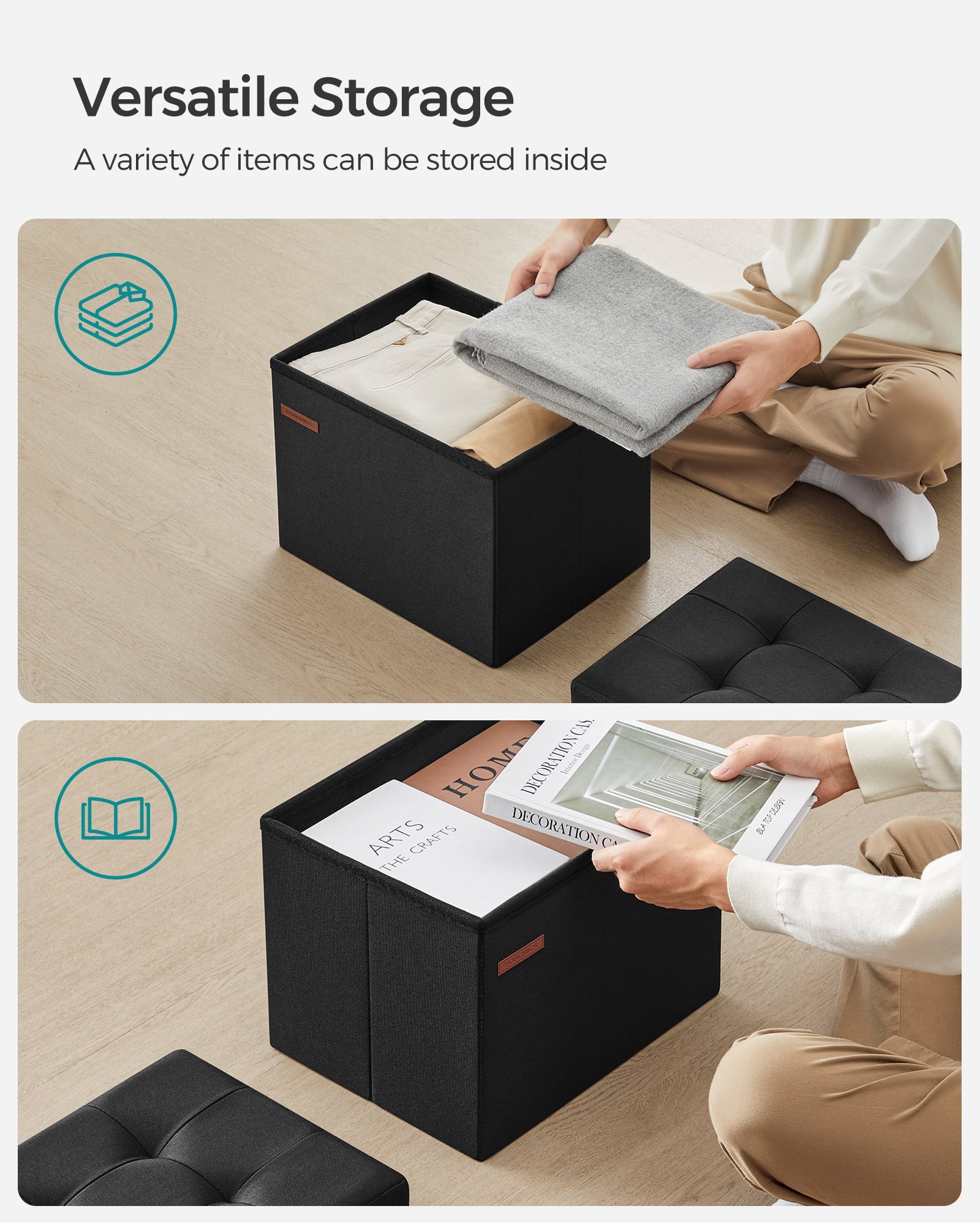 SONGMICS Storage Ottoman Storage Bench Footstool Folding Cube Footrest 286 lb Capacity for Entryway Living Room Bedroom Home Office Ink Black