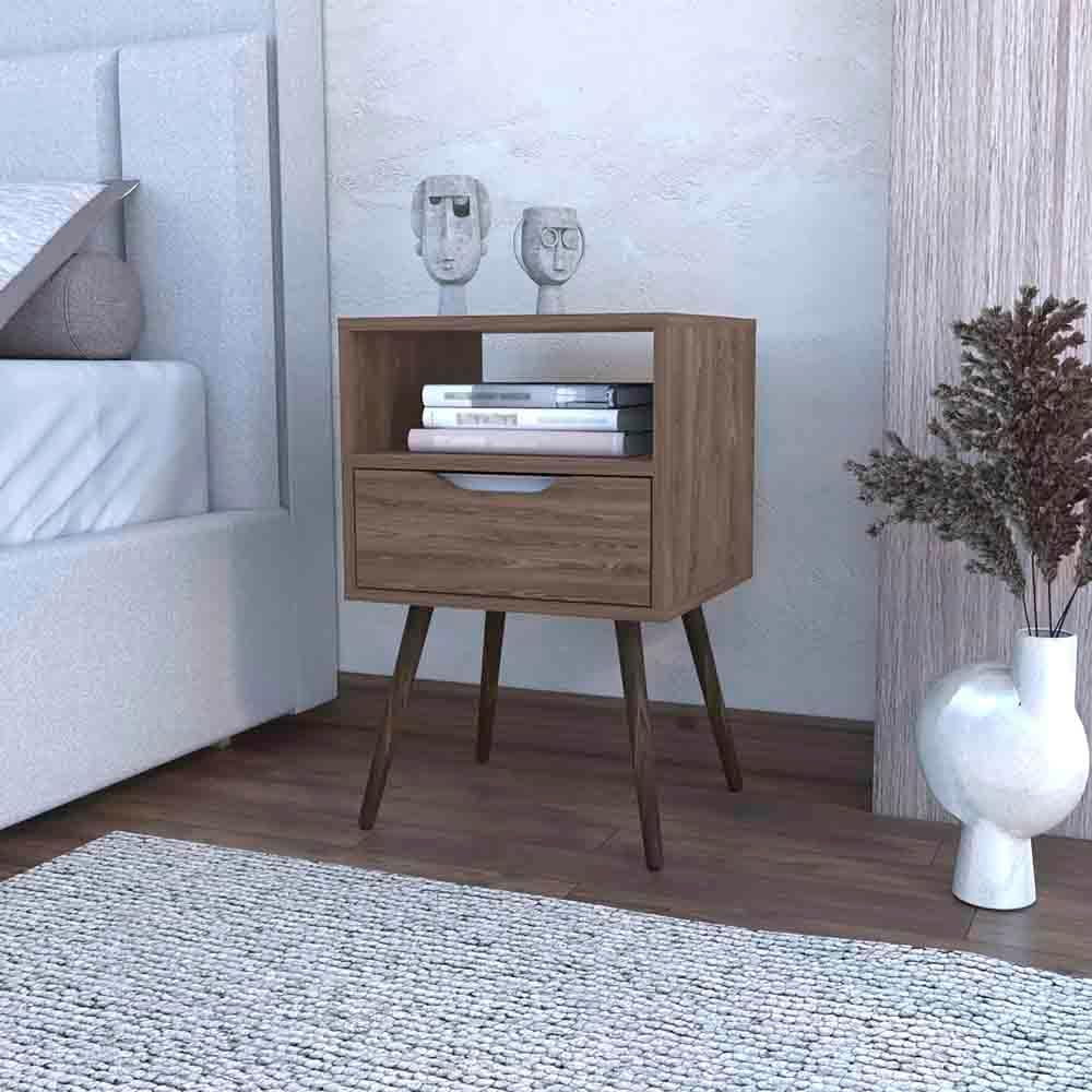 Nightstand , Open Shelf, Single Drawer - Dark Walnut