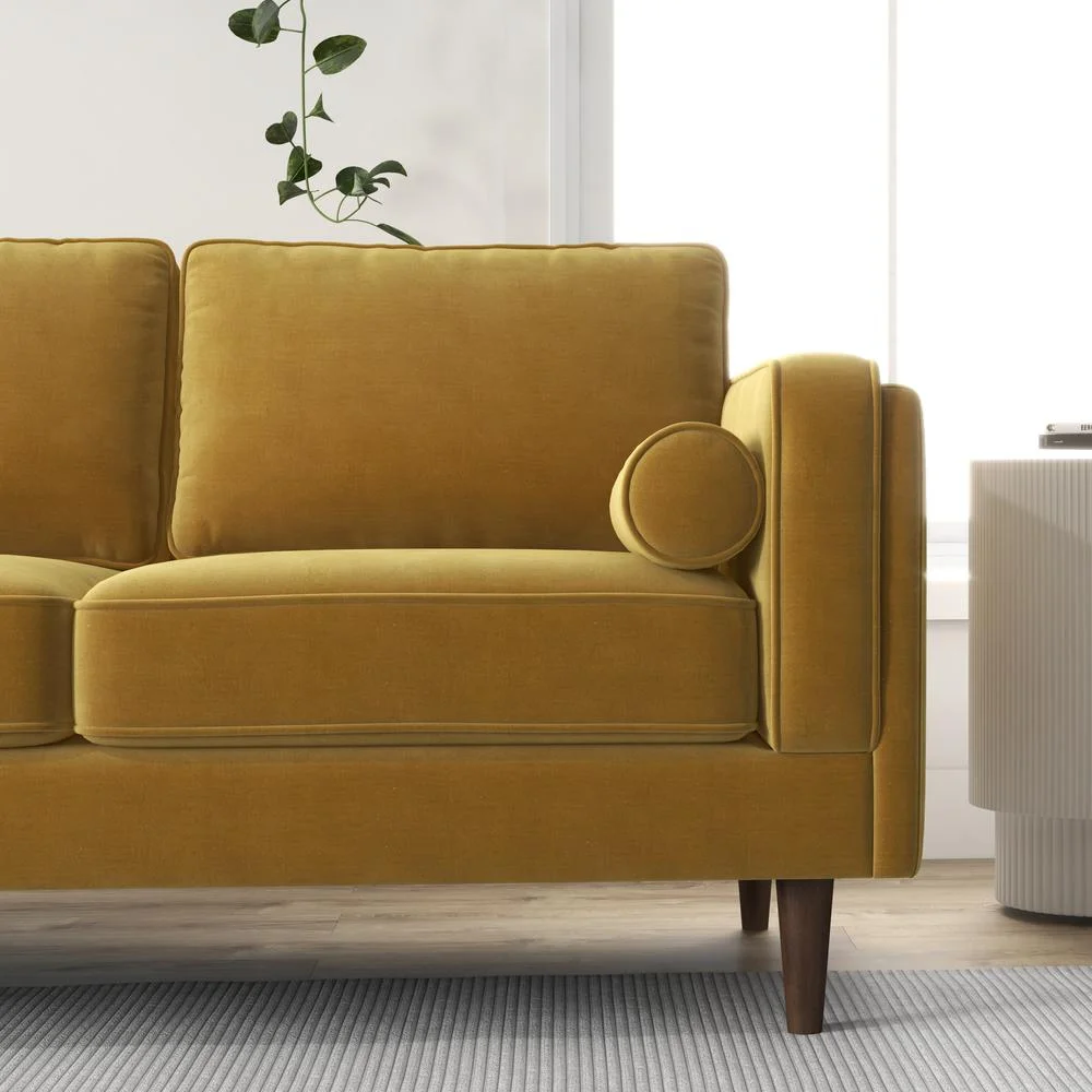 Helena Modern Living Room Pillow Back Dark Yellow Velvet Upholstered Sofa