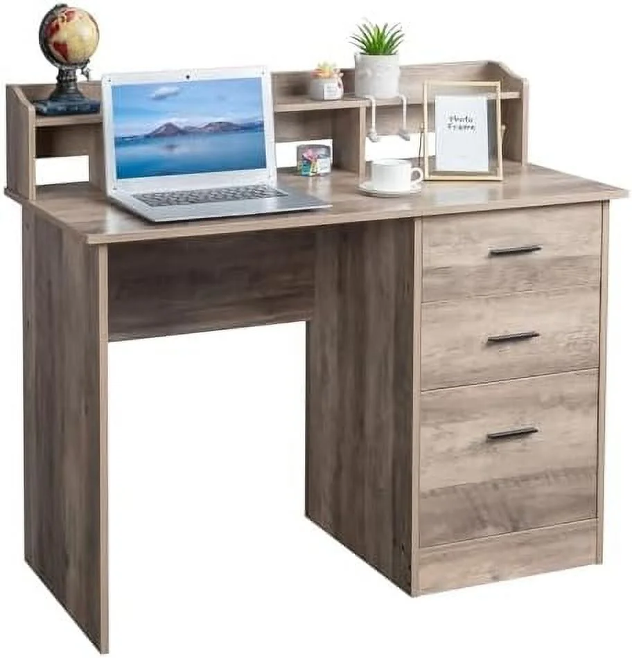 TJCGDTY Grey Computer Desk with Drawers ＆ Hutch   Office Desks with  for  Students Teens  Small Wood Table for Work Study Gaming Writing  PC Laptop Workstation