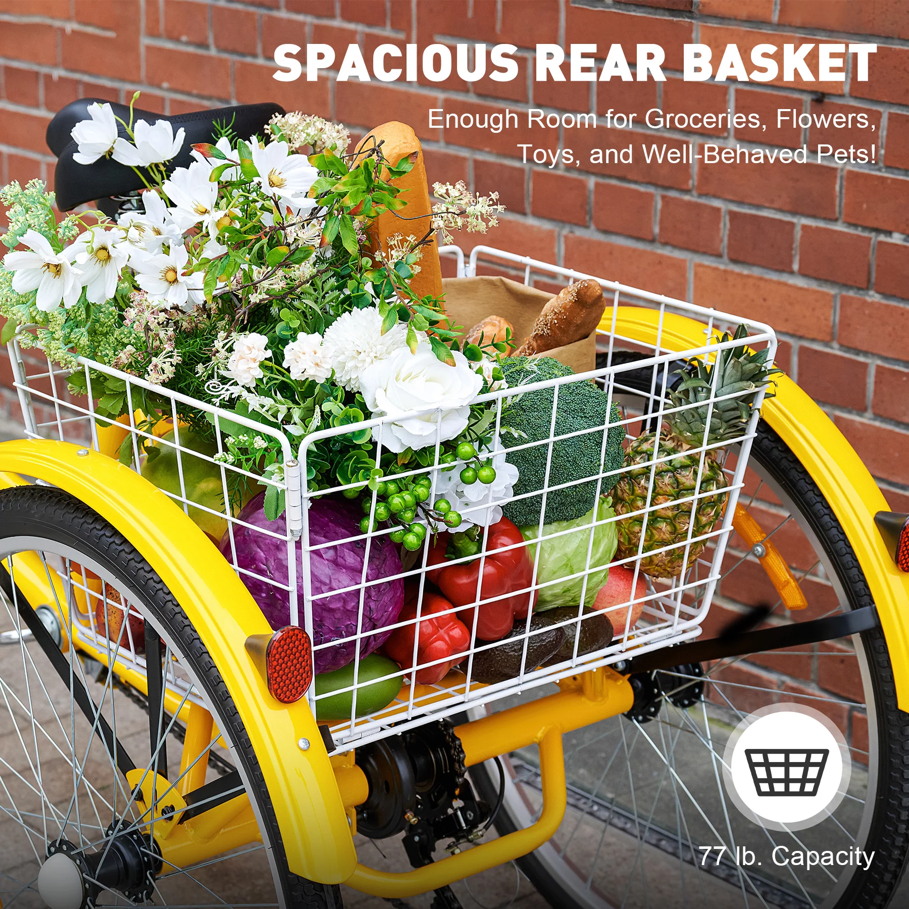 VIRIBUS 26 Inch Adult Tricycle 7 Speed 3 Wheel Cruiser Bike Trike w Rear Basket, Yellow