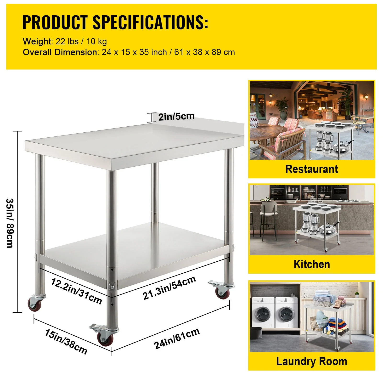 SKYSHALO Stainless Steel Prep Table, 24 x 15 x 35 inches, 440 lb Load Capacity Heavy Duty Metal Worktop with Backsplash Adjustable Base and 4 Casters, Kitchen Dining Commercial Workstation
