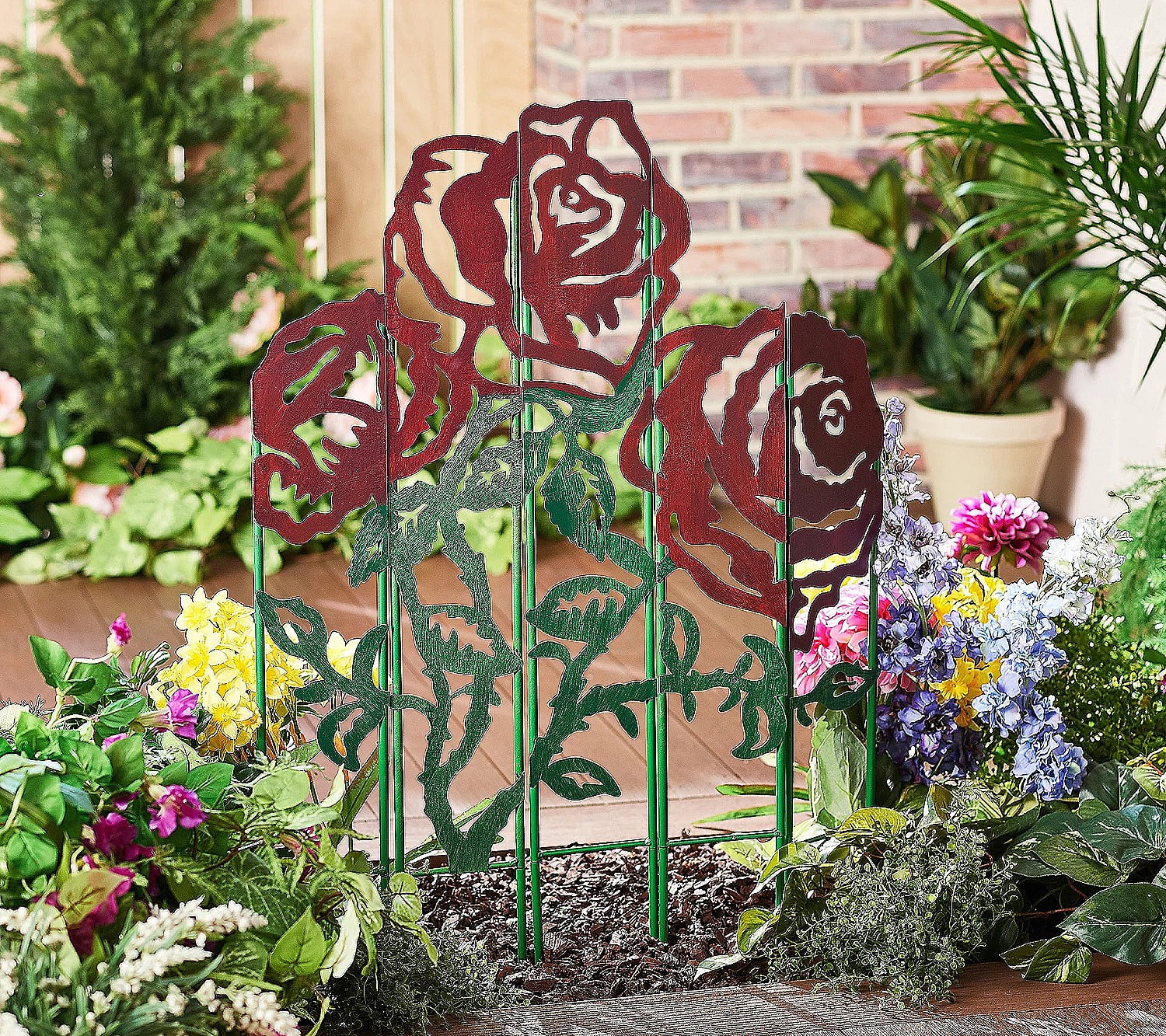 Evergreen 34 in. x 25 in. Metal 5 Panel Garden Stake, Rose