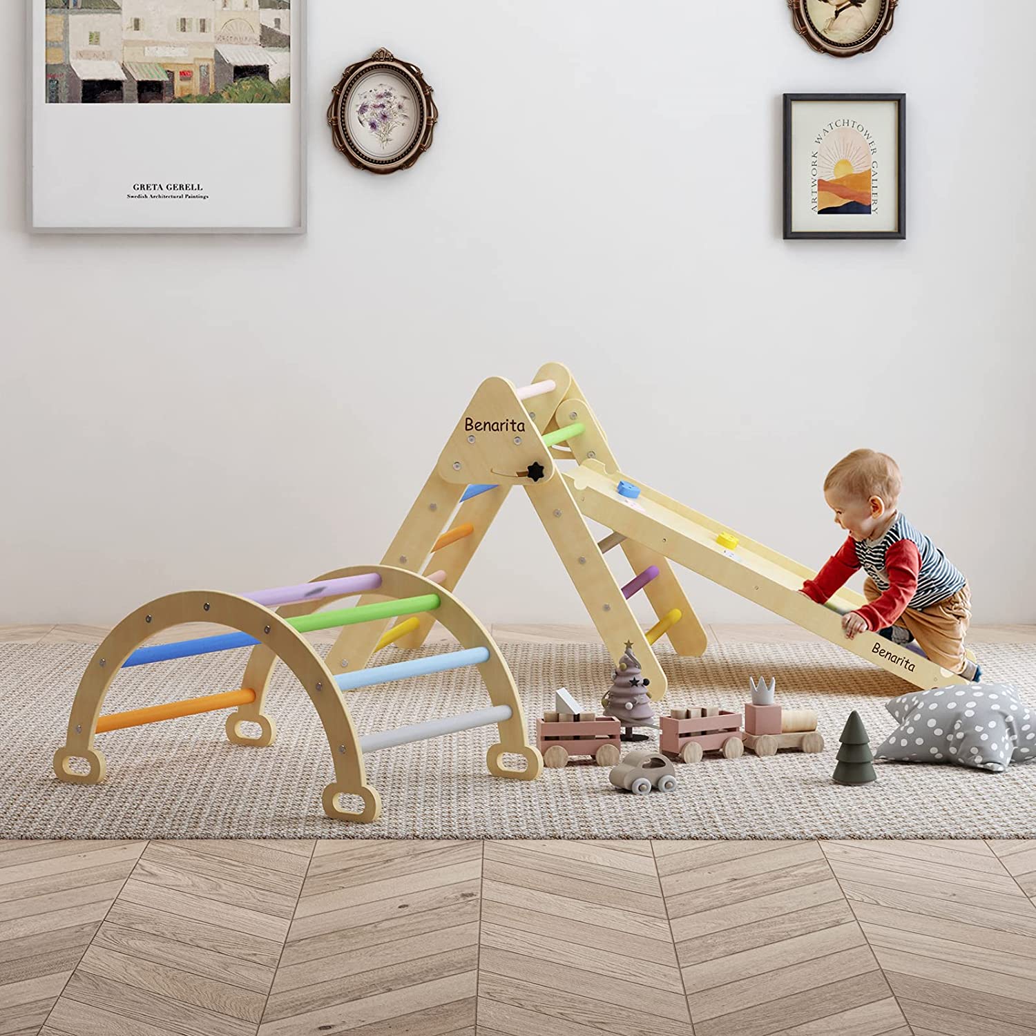 YOUB Pikler Triangle Set 4 in 1, Toddler Climbing Toys Indoor, Folding Climbing Ladder with Ramp & Arch, Indoor Montessori Climbing Set for Kids, Wooden Jungle Gym for Sliding or Climbing