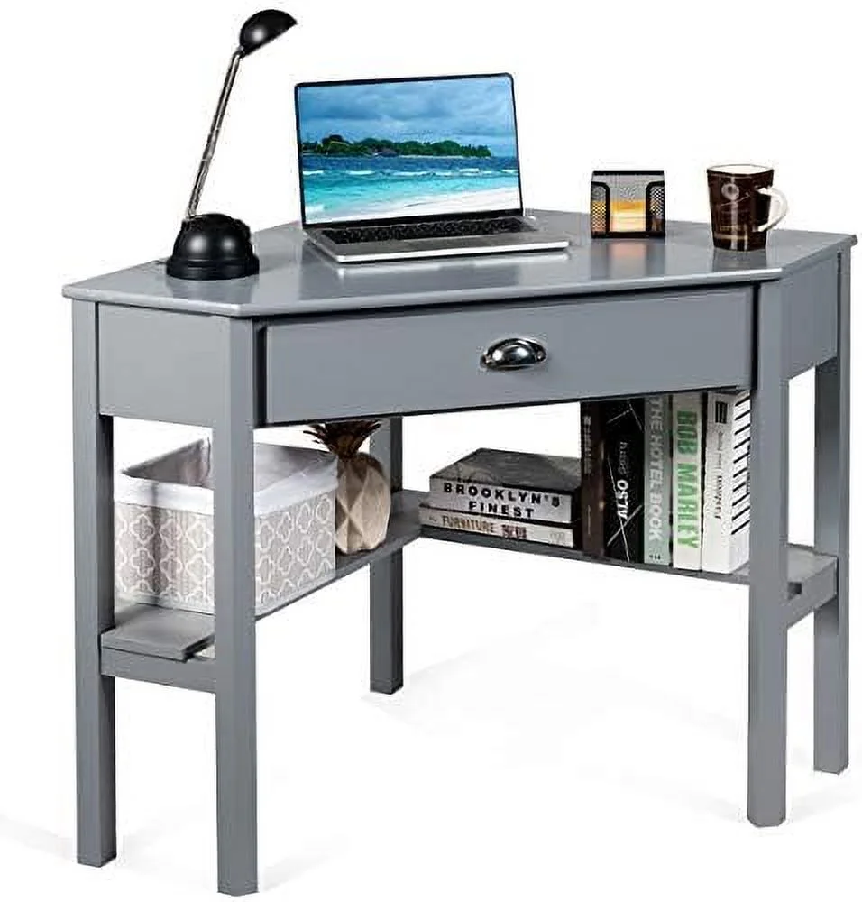 TJCGDTY Corner Computer Desk Triangle with Drawer and Shelves Stable Laptop PC Table Home Office Writing Desk Study Workstation Desk (Gray)