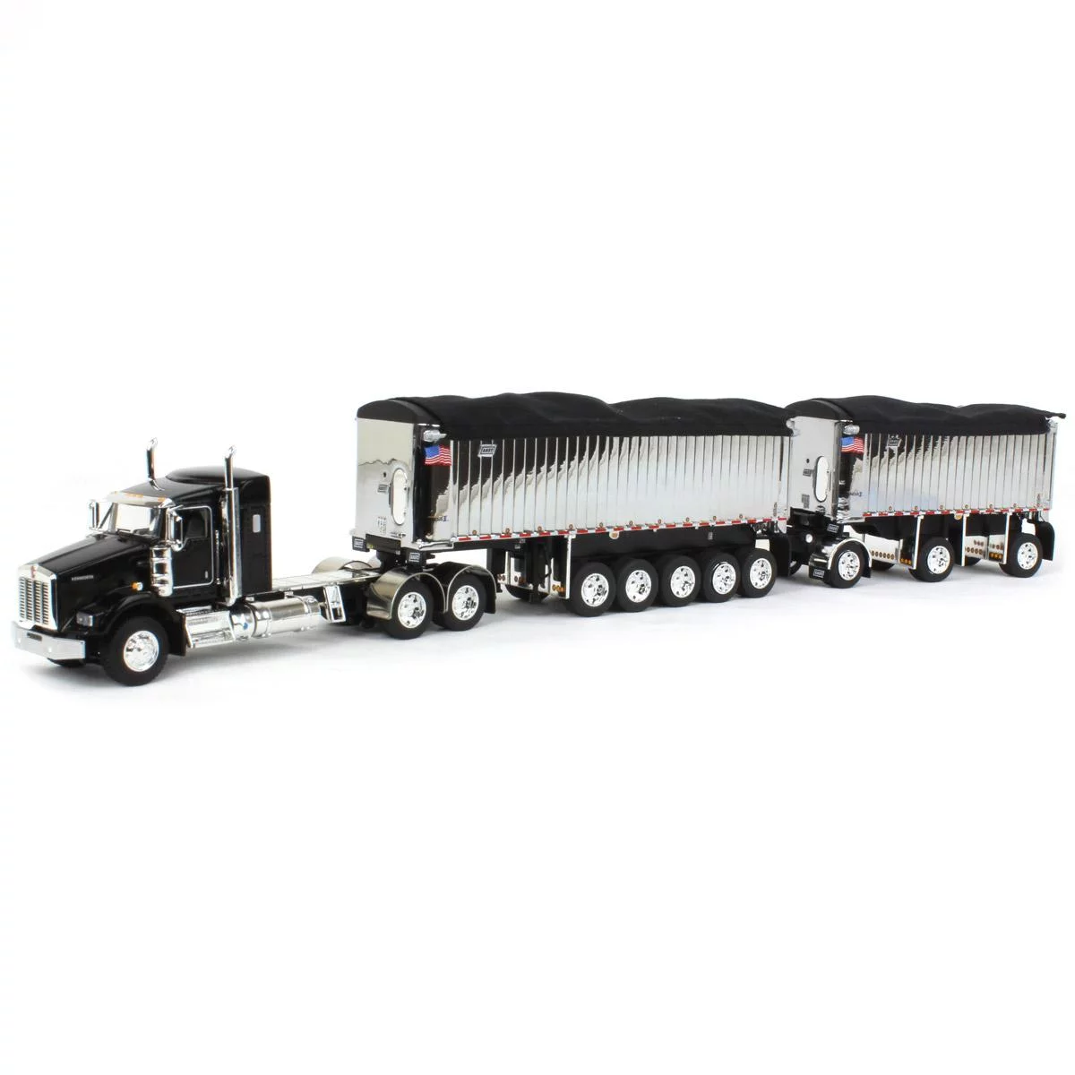 First Gear 1/64 Black/Chrome Kenworth T800 w/ Chrome East Genesis II End Dump Trailers, DCP, 60-1572