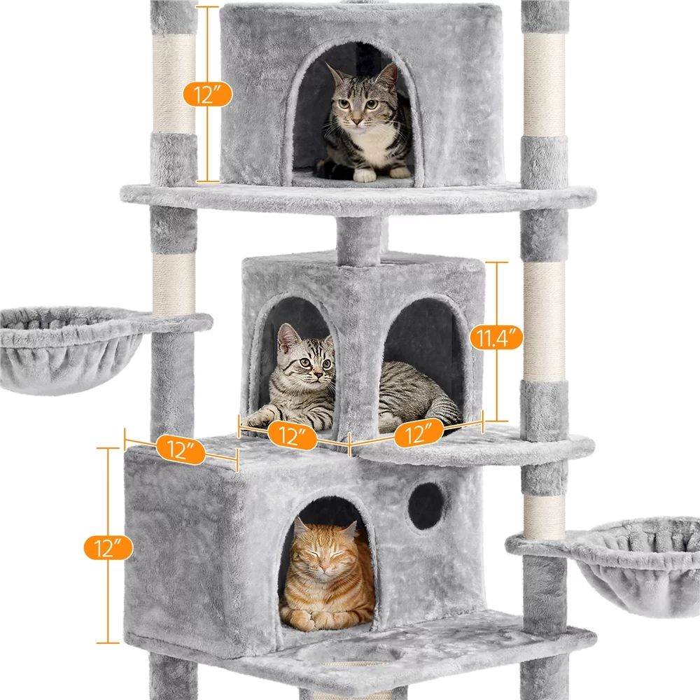 Easyfashion 76.5inch Large Cat Tree Tower with 3 Condos, Light Gray