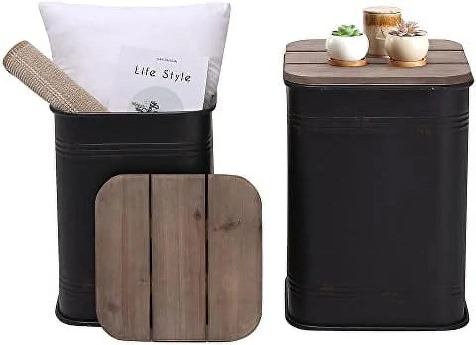 JYHOME Farmhouse Accent   Rustic  Ottoman Seat Stool  Galvanized Antique Metal End Table Box Bin with Round Wood Lid  Coffee or Cocktail Table  Nesting Pieces Two (Pure Galvanized)
