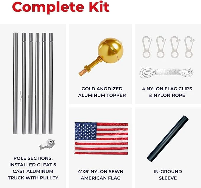 Ezpole All American Silver Sectional Flagpole, 25 foot with 4’ x 6’ Sewn Nylon American Flag, Heavy Duty 14 Gauge Aluminum Sectional Pole, US Flag, Ground Sleeve, and All Hardware. 100% Made in USA