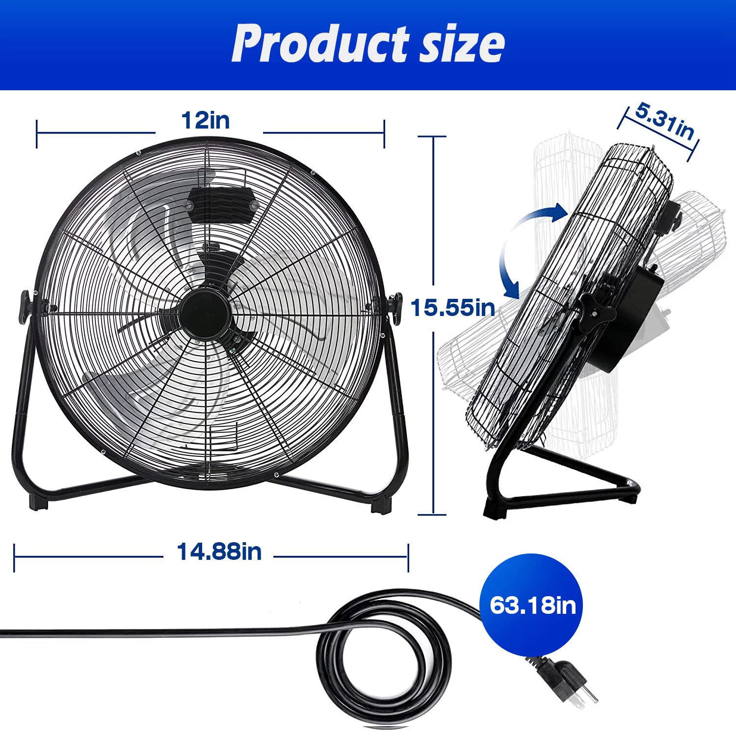 iMounTEK 12in Floor Fan Copper Motor Tilt High-Velocity Floor Fan with 3 Adjustable Speeds 180 Degree Tilt Head Easy Carry Handle Fan
