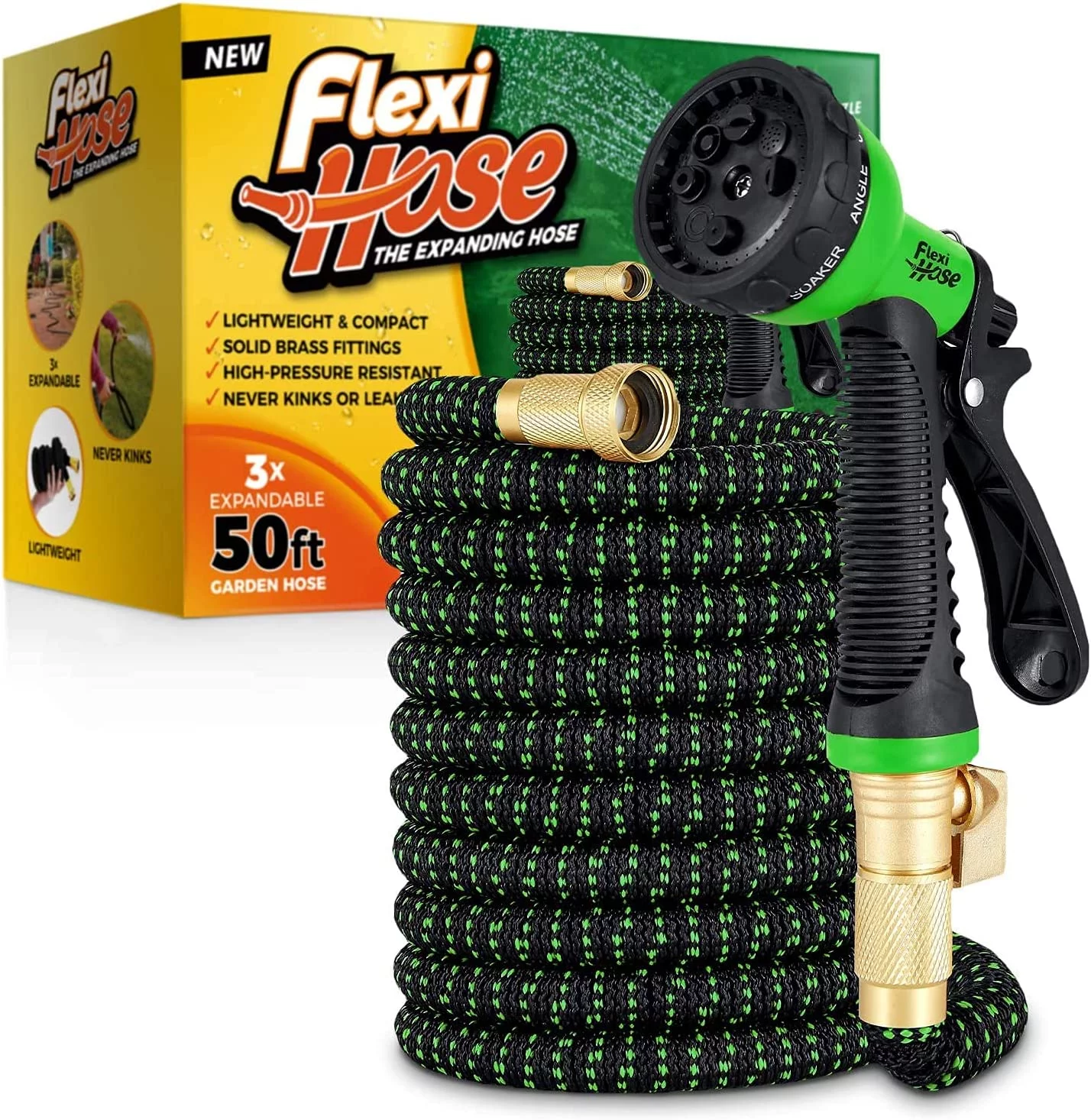 Flexi Hose 50 Foot Expandable Garden Hose with 8 Function Spray Nozzle | Extra-Strength, Flexible, Lightweight (50 ft, Black & Green)