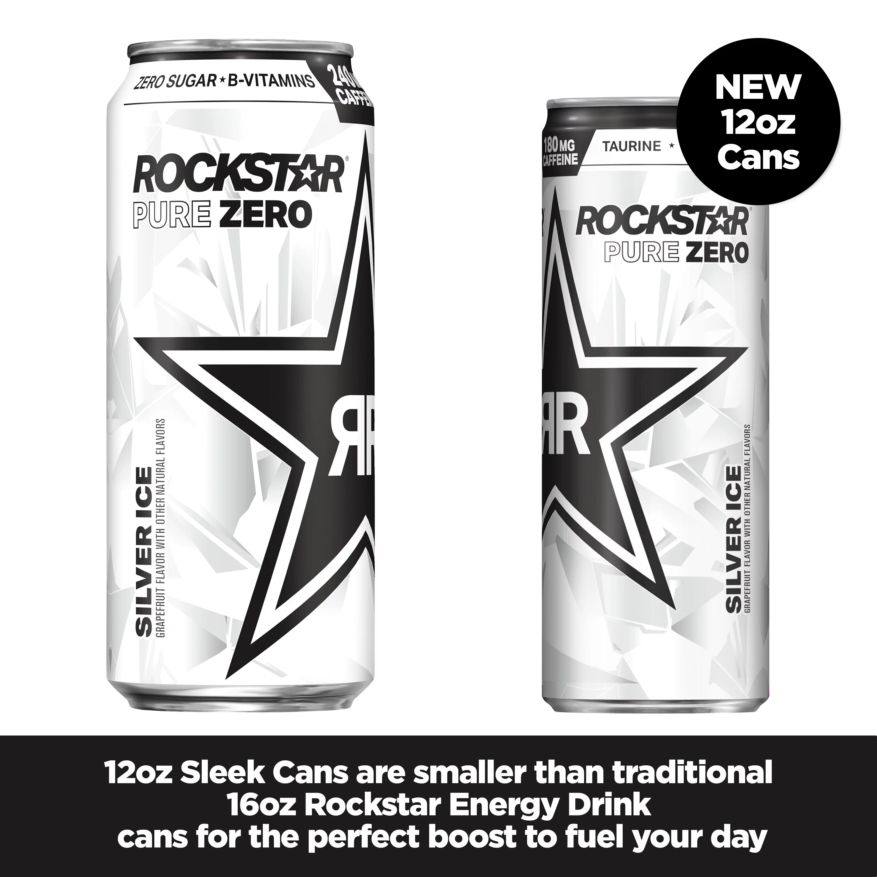 Rockstar Pure Zero Silver Ice Energy Drink, Sleek Can, 12 oz, 8pk