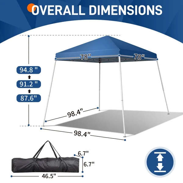 SYTHERS Canopy Tent, 2.4 x 2.4m Pop Up Camping Tent, Portable Waterproof Instant Folding Tent Slant Legs with Carrying Bag, Outdoor Tent for Patio Deck Garden and Beach, Blue