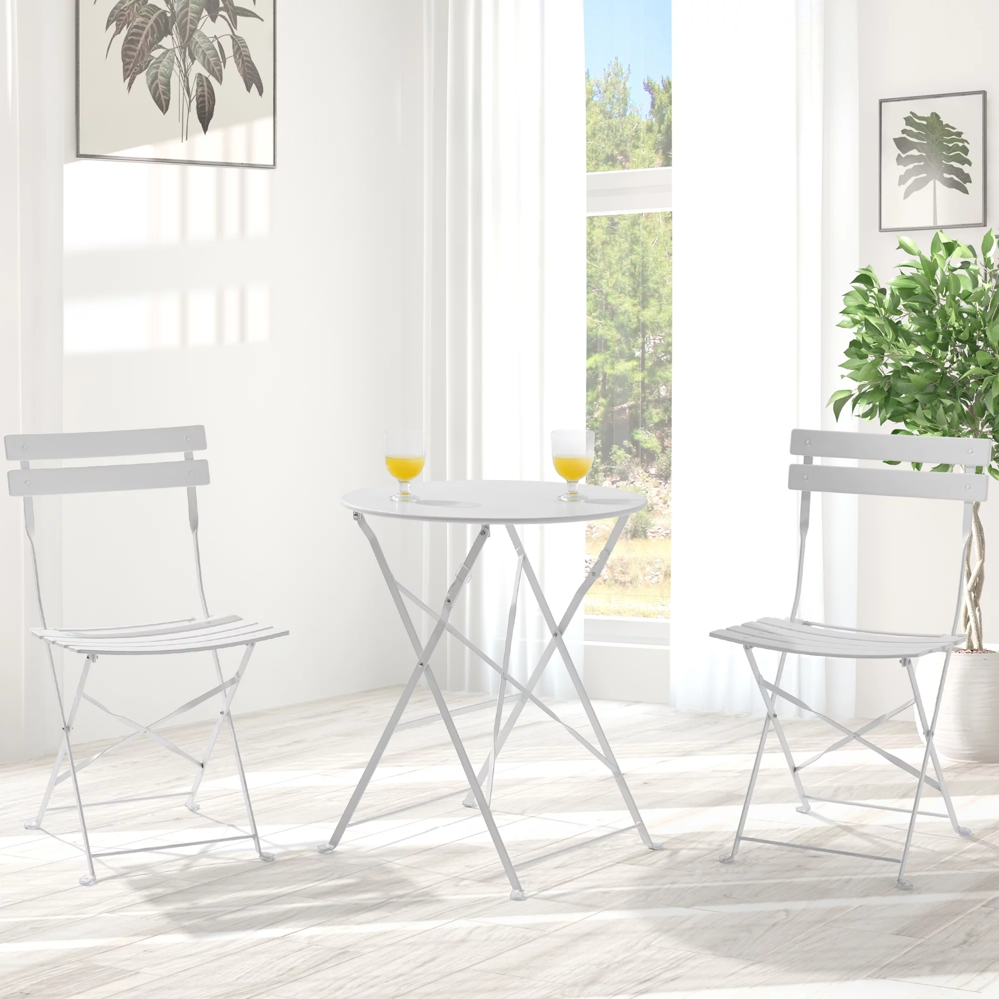Sonerlic 3Pcs Foldable Outdoor Bistro Steel Patio Chairs with a Table, White