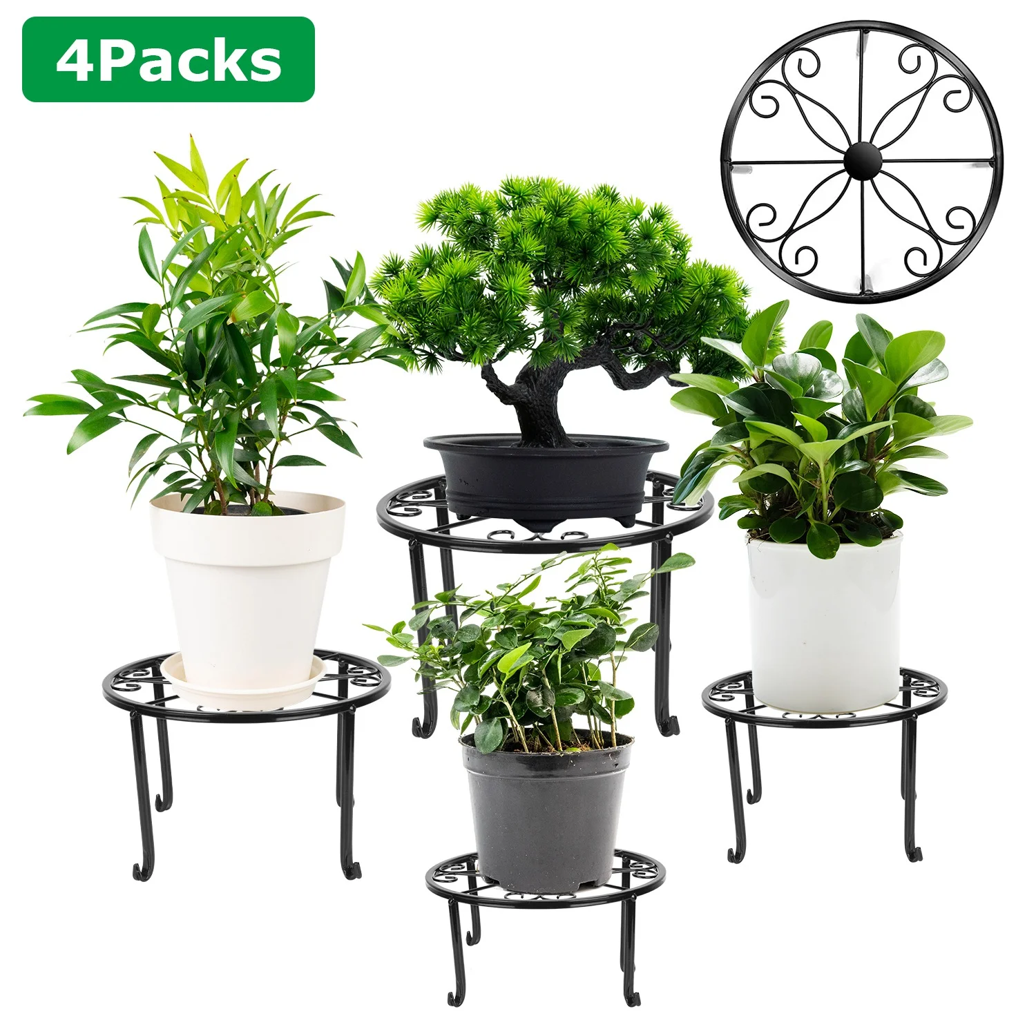 Moclever 4Pack Iron Plotted Plant Stand, Heavy Duty Flower Pot Holder for Home Garden Patio, Black